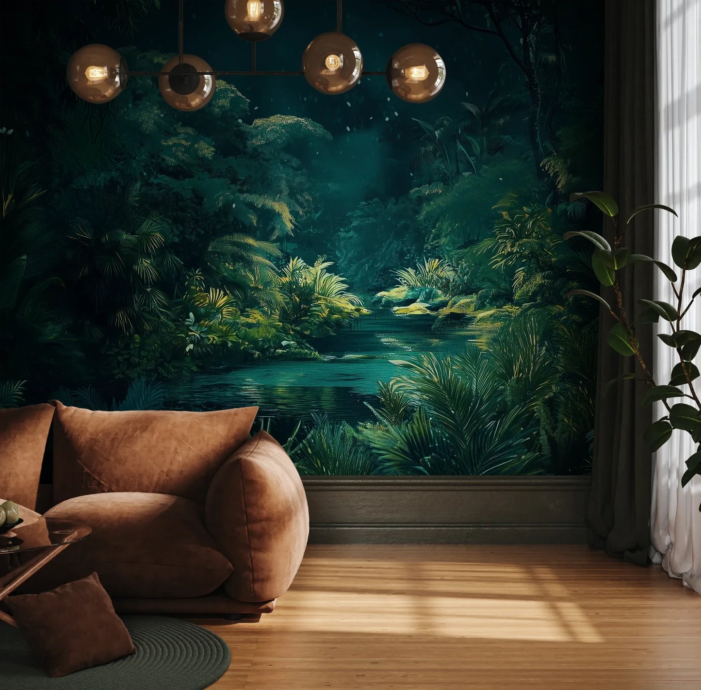Fototapeta MYSTIC POND - tapeta z tajemniczym stawem w tropikalnej dżungli pokazana w aranżacji wnętrza z akcentem na ścianie.