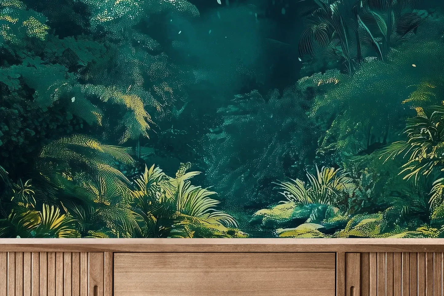 Fototapeta MYSTIC POND - tapeta z tajemniczym stawem w tropikalnej dżungli pokazana w aranżacji wnętrza z akcentem na ścianie.