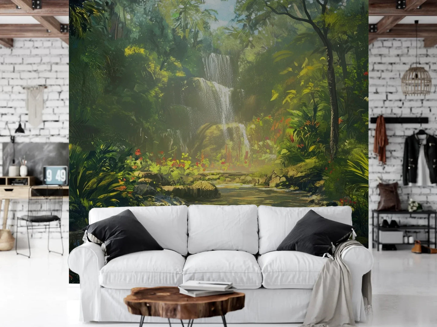 Wzór fototapety LUMINOUS CASCADE - tapeta z magicznym wodospadem w tropikalnej dżungli pokazanej w aranżacji salonu.