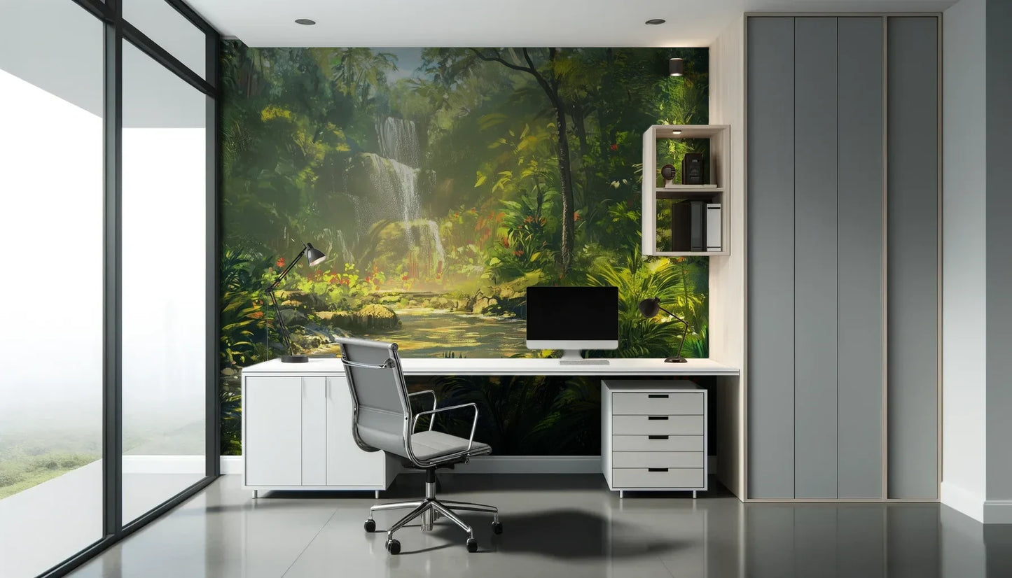 Fototapeta LUMINOUS CASCADE - tapeta z magicznym wodospadem w tropikalnej dżungli pokazana w aranżacji biura.