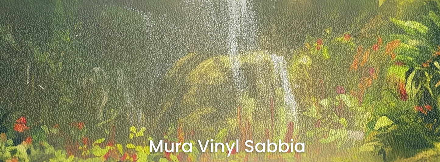 Zbliżenie na fototapetę LUMINOUS CASCADE - tapeta z magicznym wodospadem w tropikalnej dżungli na podłożu o strukturze ziarna piasku.