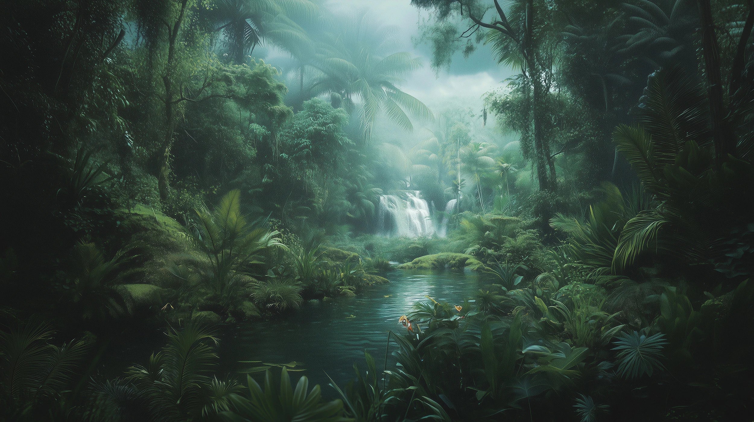Podgląd wzoru: Prezentacja całego wzoru fototapety o nazwie MYSTIC WATERFALL - tapeta z tajemniczym wodospadem w tropikalnej dżungli
