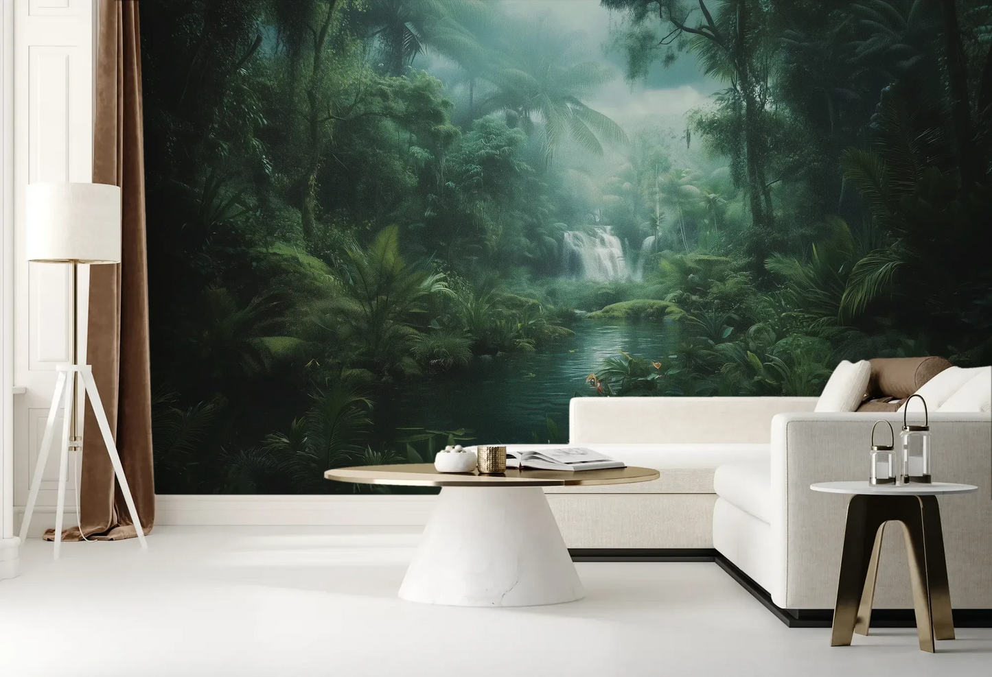 Wzór fototapety MYSTIC WATERFALL - tapeta z tajemniczym wodospadem w tropikalnej dżungli pokazanej w aranżacji salonu.