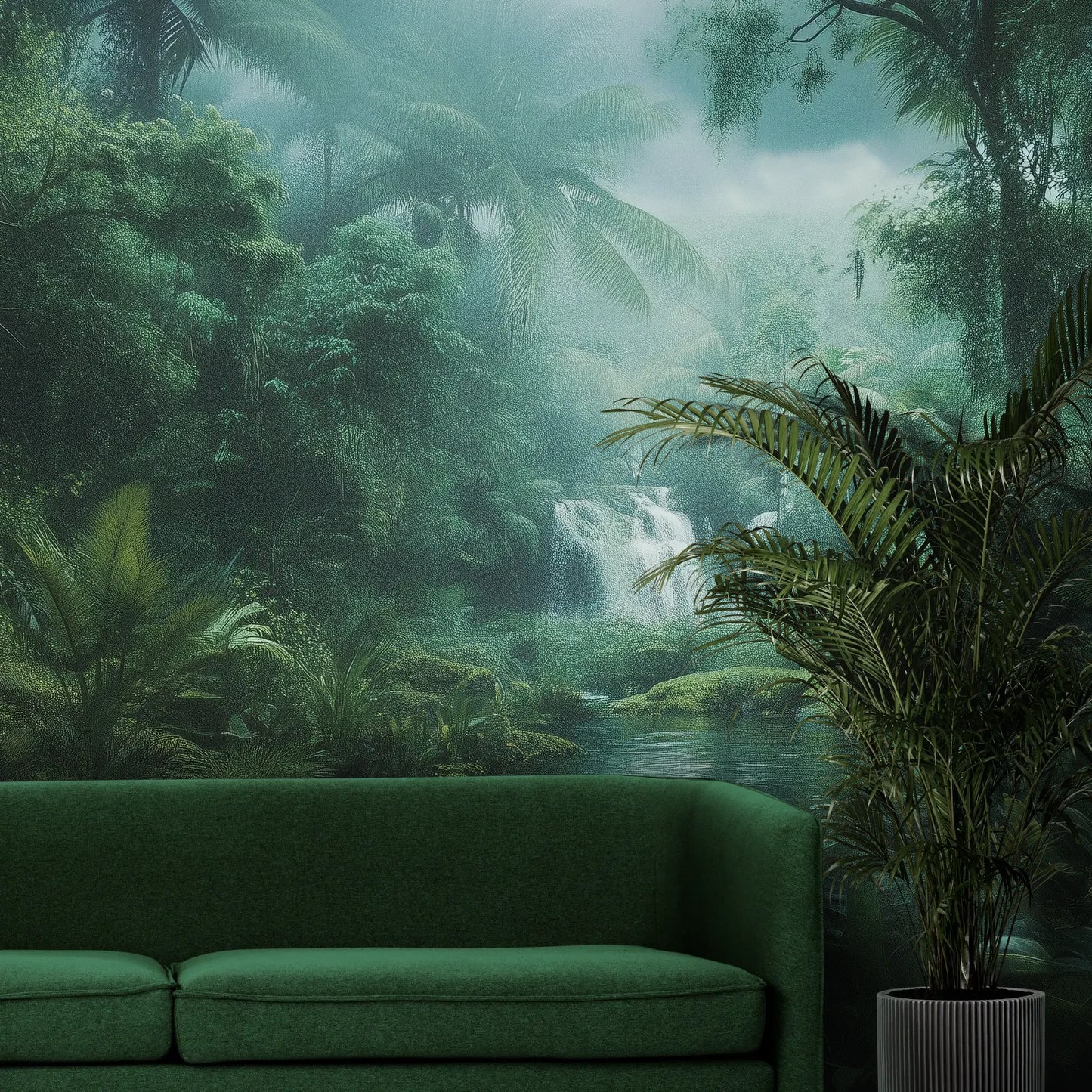 Fototapeta MYSTIC WATERFALL - tapeta z tajemniczym wodospadem w tropikalnej dżungli pokazana w aranżacji wnętrza z akcentem na ścianie.
