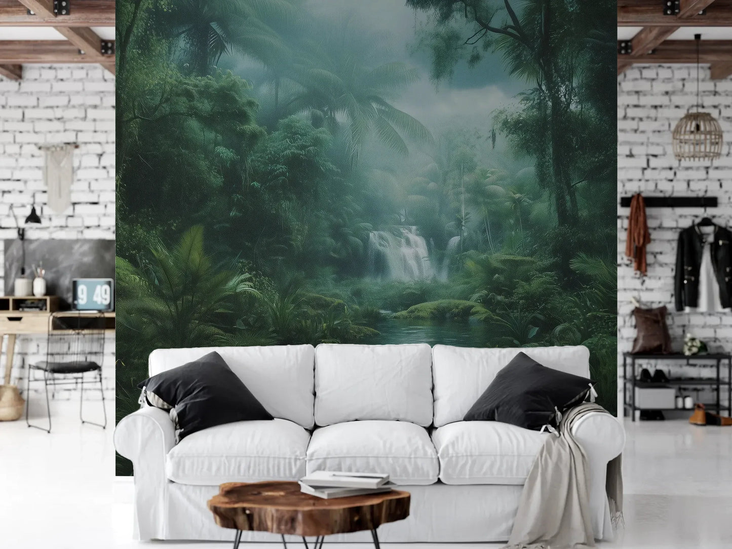 Wzór fototapety MYSTIC WATERFALL - tapeta z tajemniczym wodospadem w tropikalnej dżungli pokazanej w aranżacji salonu.