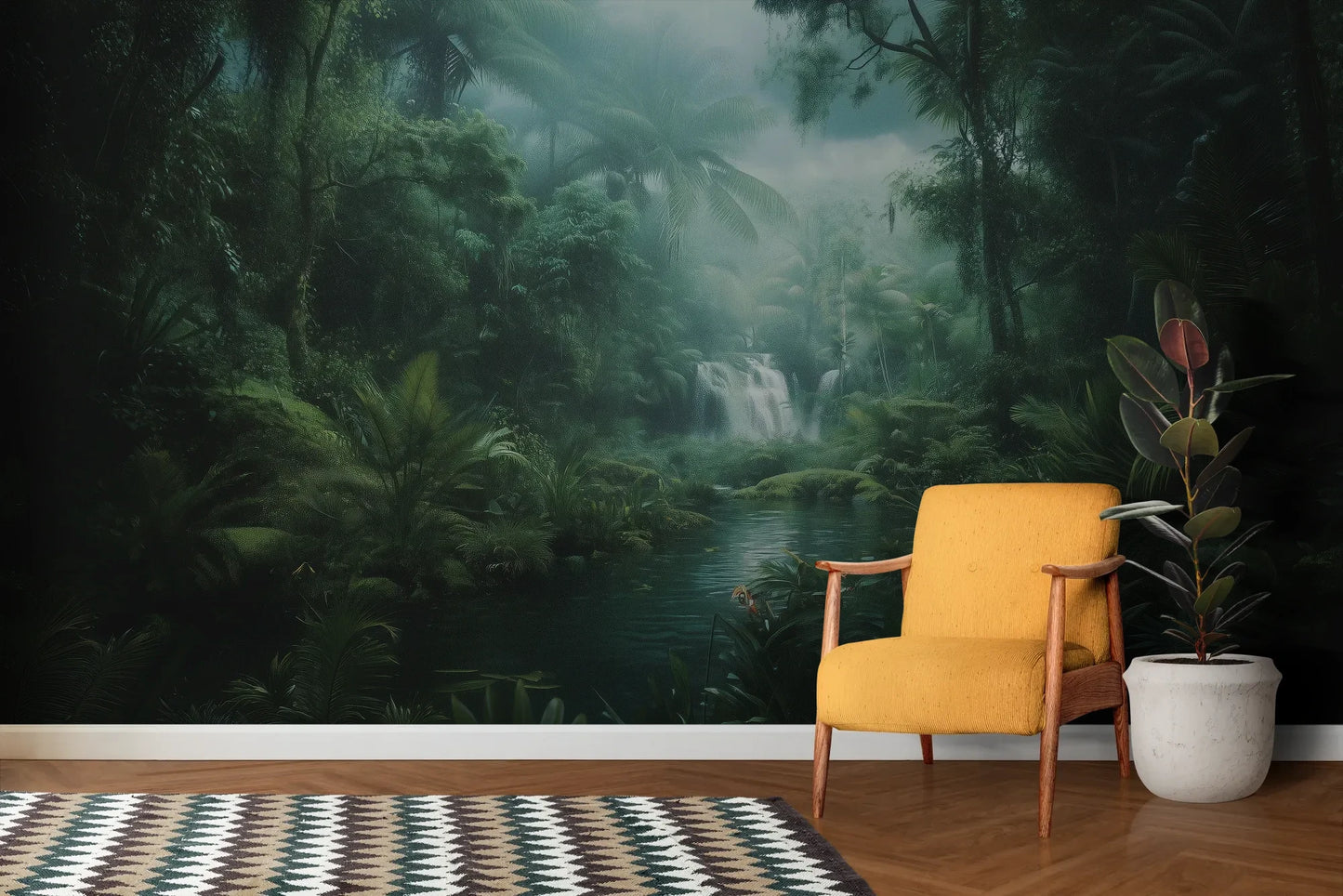 Wzór fototapety MYSTIC WATERFALL - tapeta z tajemniczym wodospadem w tropikalnej dżungli pokazanej w aranżacji salonu.