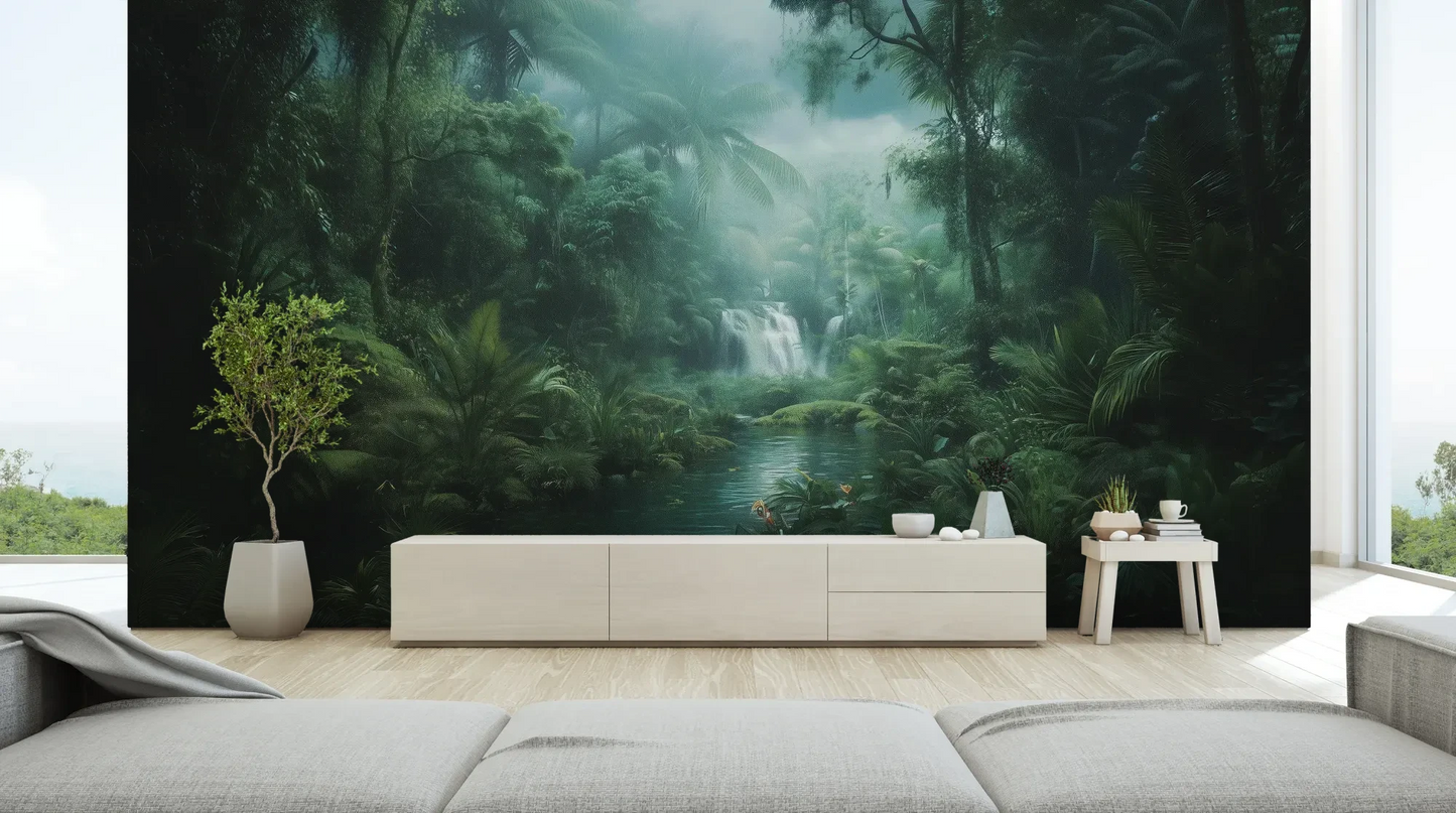 Wzór fototapety MYSTIC WATERFALL - tapeta z tajemniczym wodospadem w tropikalnej dżungli pokazanej w aranżacji salonu.