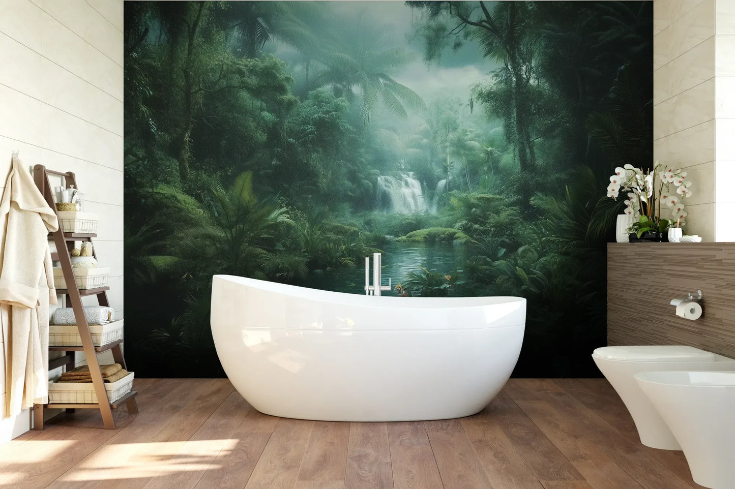Wzór fototapety MYSTIC WATERFALL - tapeta z tajemniczym wodospadem w tropikalnej dżungli pokazanej w aranżacji łazienki.
