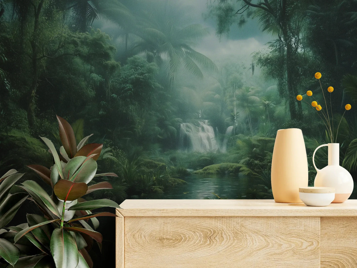 Fototapeta MYSTIC WATERFALL - tapeta z tajemniczym wodospadem w tropikalnej dżungli pokazana w aranżacji wnętrza z akcentem na ścianie.