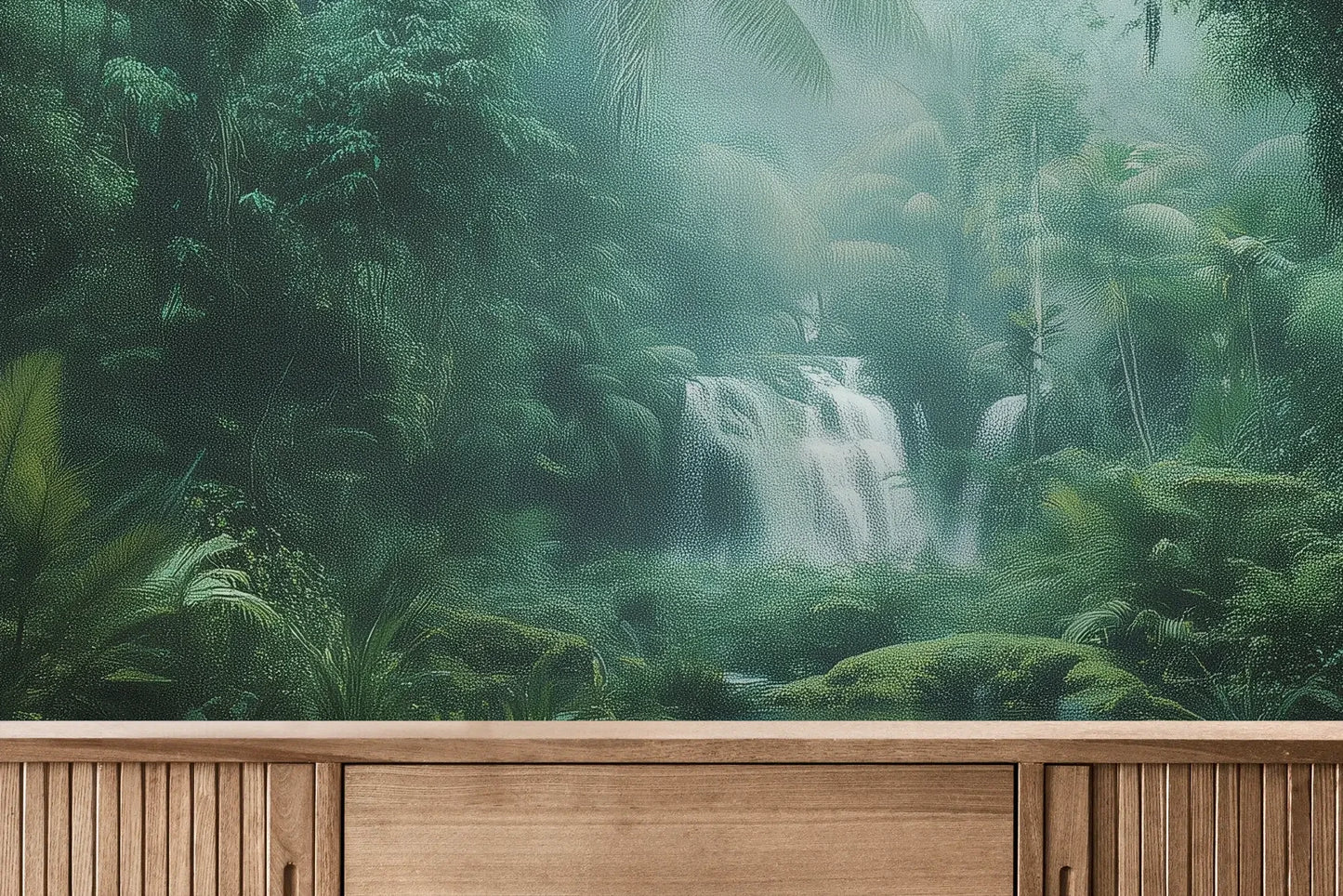 Fototapeta MYSTIC WATERFALL - tapeta z tajemniczym wodospadem w tropikalnej dżungli pokazana w aranżacji wnętrza z akcentem na ścianie.