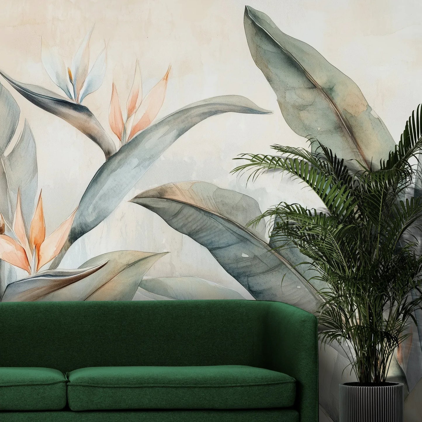 Fototapeta PARADISE STRELITZIA - tapeta z egzotycznymi kwiatami rajskiego ptaka pokazana w aranżacji wnętrza z akcentem na ścianie.