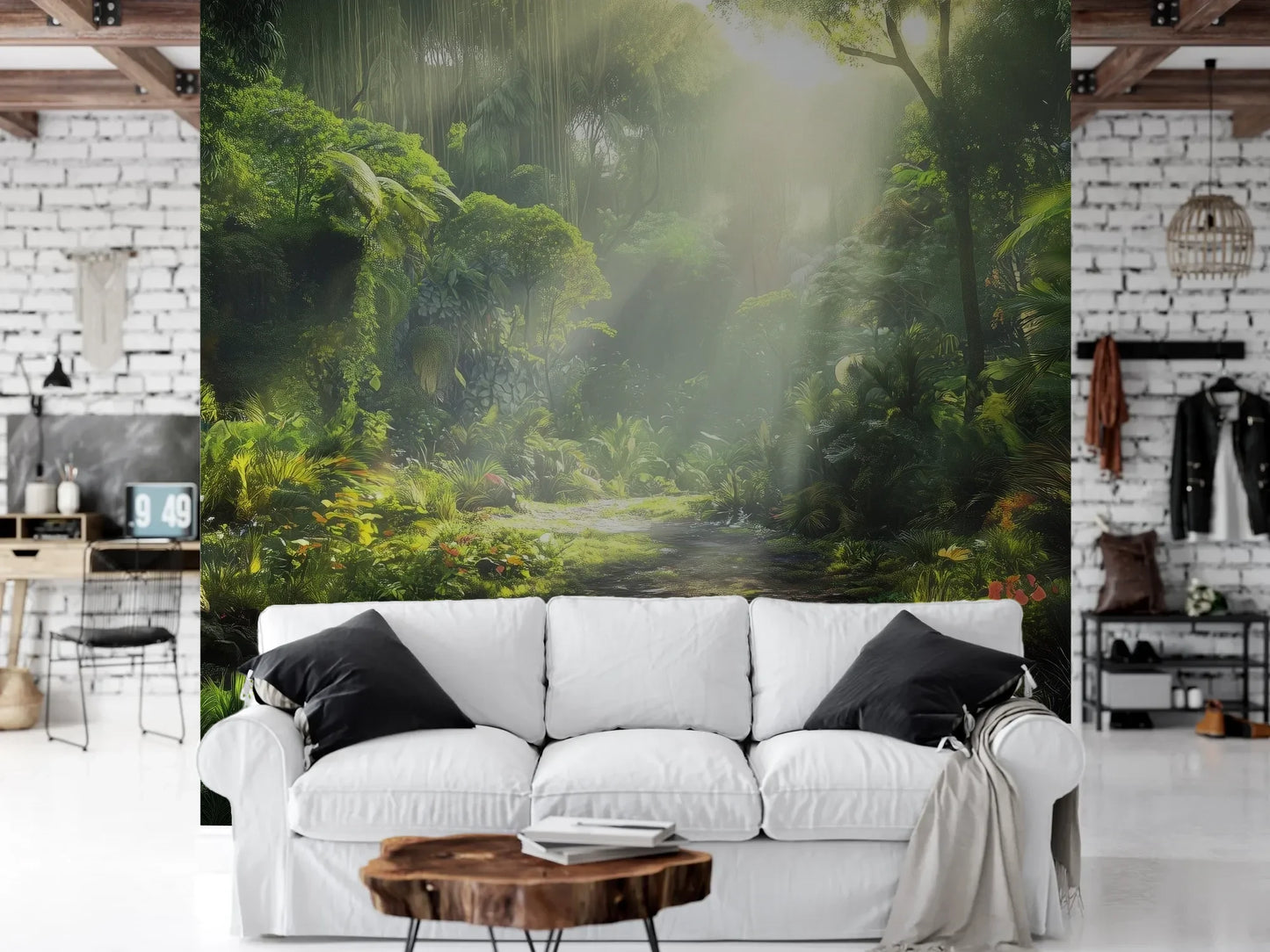 Wzór fototapety LUMINOUS PATH - tapeta z mistyczną ścieżką w tropikalnym lesie pokazanej w aranżacji salonu.