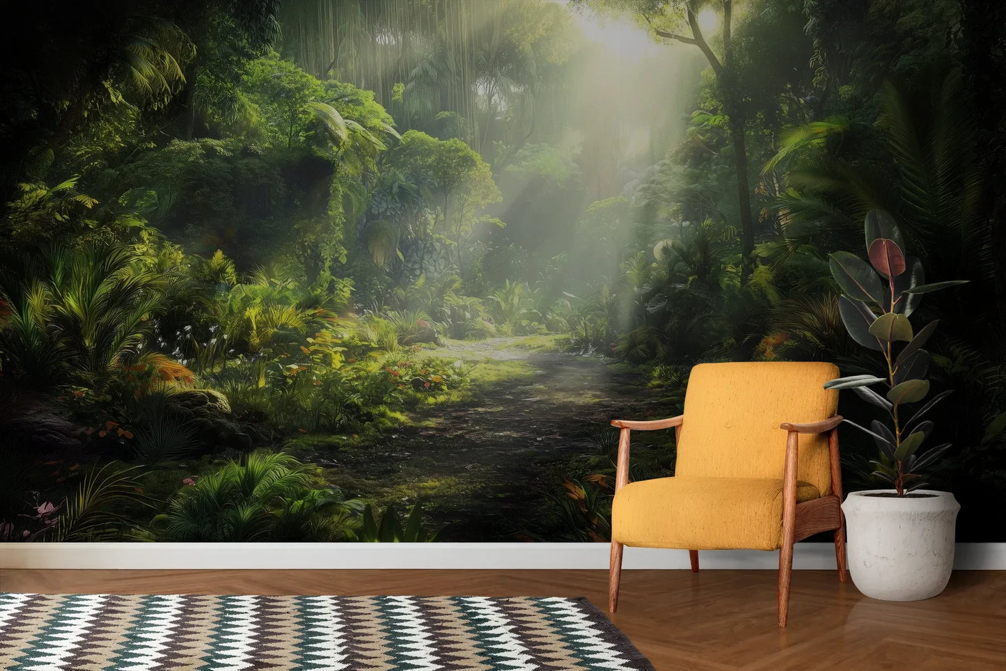 Wzór fototapety LUMINOUS PATH - tapeta z mistyczną ścieżką w tropikalnym lesie pokazanej w aranżacji salonu.