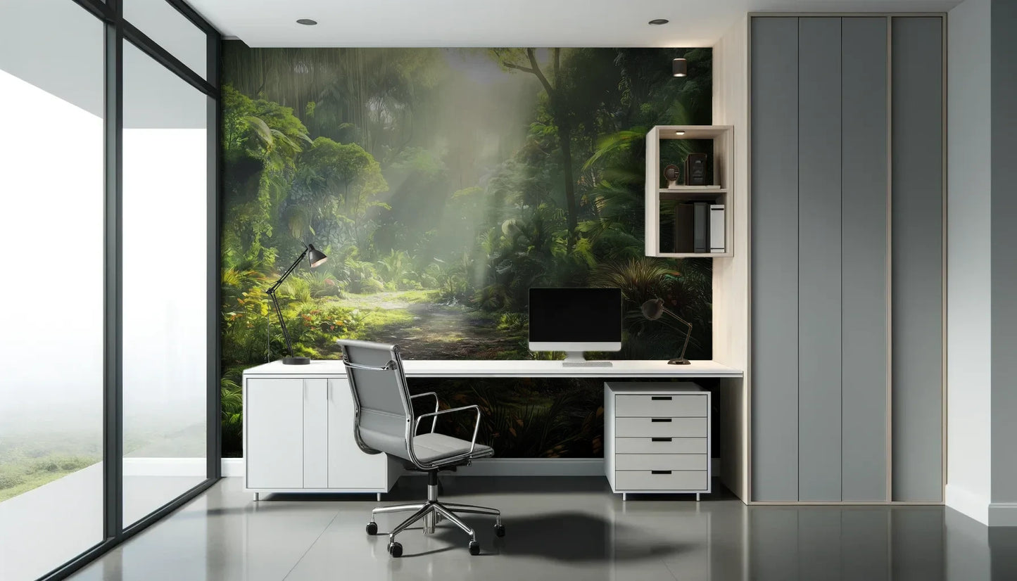 Fototapeta LUMINOUS PATH - tapeta z mistyczną ścieżką w tropikalnym lesie pokazana w aranżacji biura.