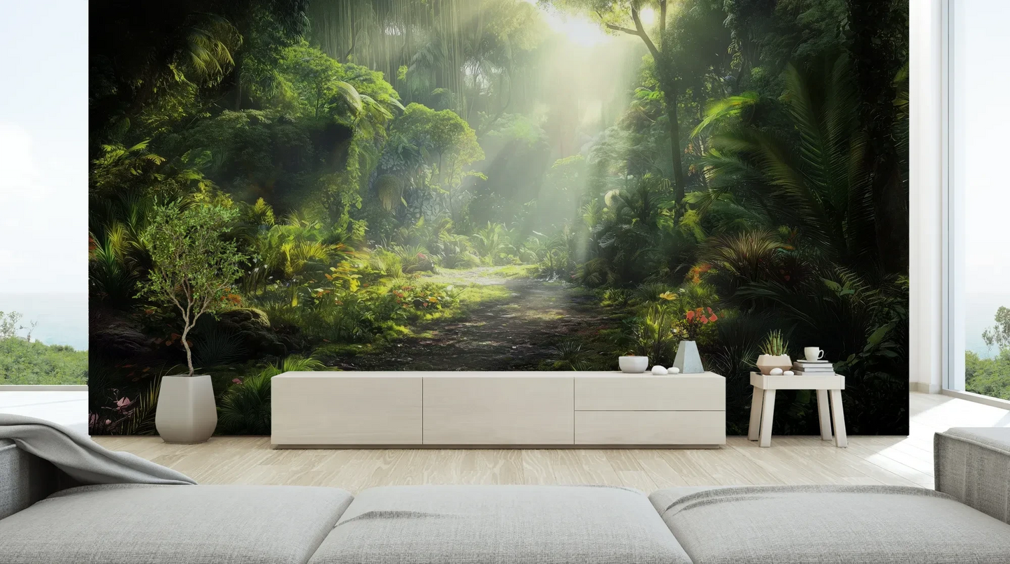 Wzór fototapety LUMINOUS PATH - tapeta z mistyczną ścieżką w tropikalnym lesie pokazanej w aranżacji salonu.