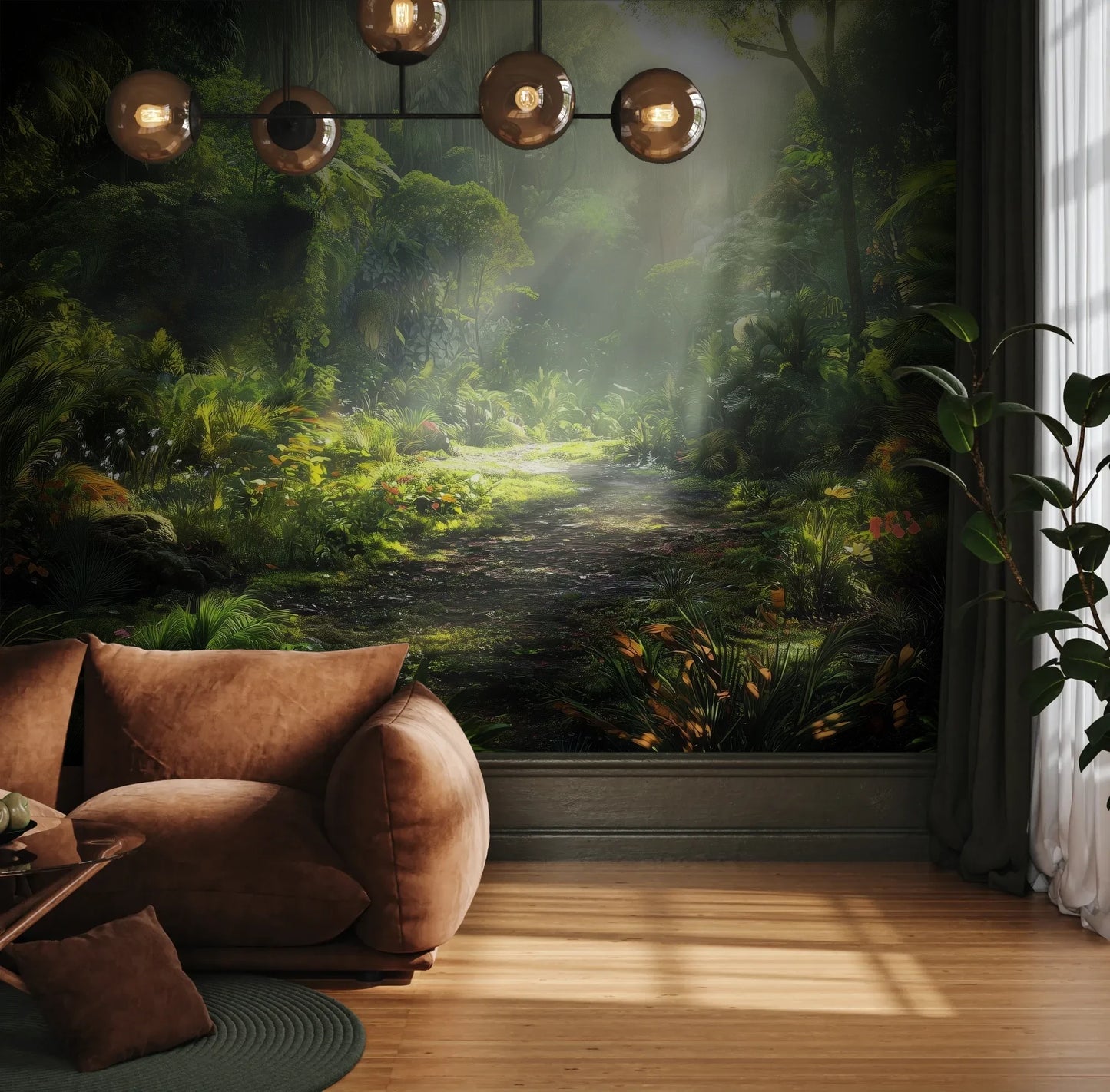 Fototapeta LUMINOUS PATH - tapeta z mistyczną ścieżką w tropikalnym lesie pokazana w aranżacji wnętrza z akcentem na ścianie.