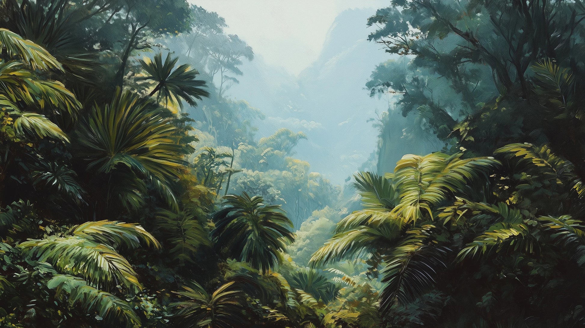 Prezentacja całego wzoru fototapety o nazwie EMERALD HAZE - tapeta z tropikalną mglistą dżunglą