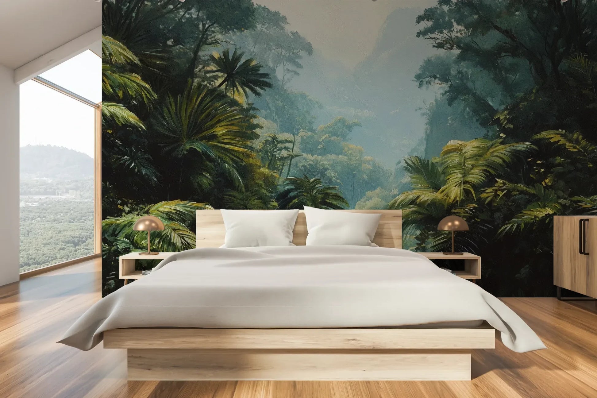 Wzór fototapety EMERALD HAZE - tapeta z tropikalną mglistą dżunglą pokazanej w aranżacji sypialni.