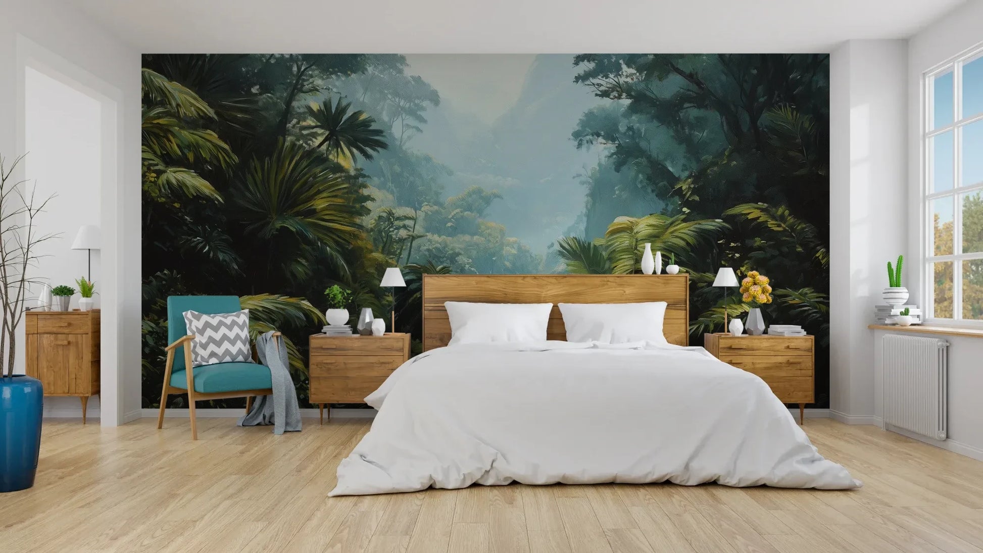 Wzór fototapety EMERALD HAZE - tapeta z tropikalną mglistą dżunglą pokazanej w aranżacji sypialni.