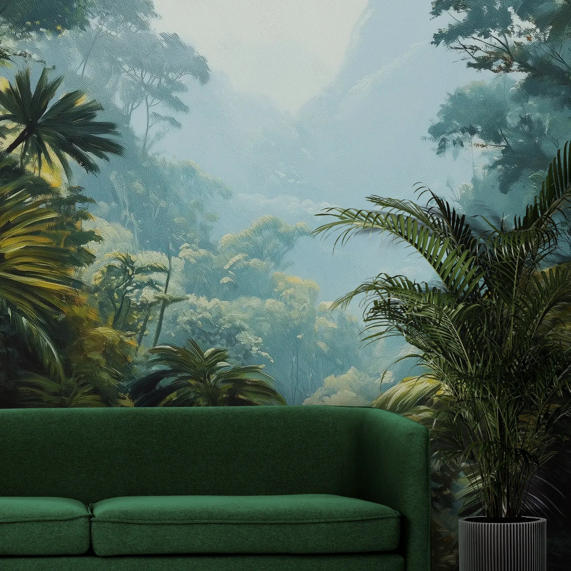 Fototapeta EMERALD HAZE - tapeta z tropikalną mglistą dżunglą pokazana w aranżacji wnętrza z akcentem na ścianie.