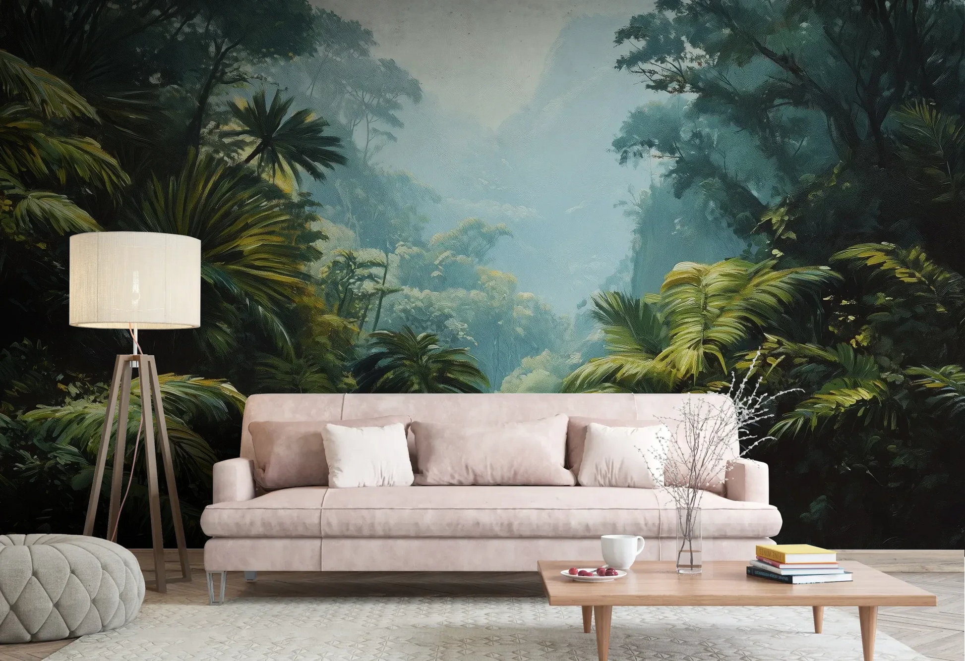 Wzór fototapety EMERALD HAZE - tapeta z tropikalną mglistą dżunglą pokazanej w aranżacji salonu.
