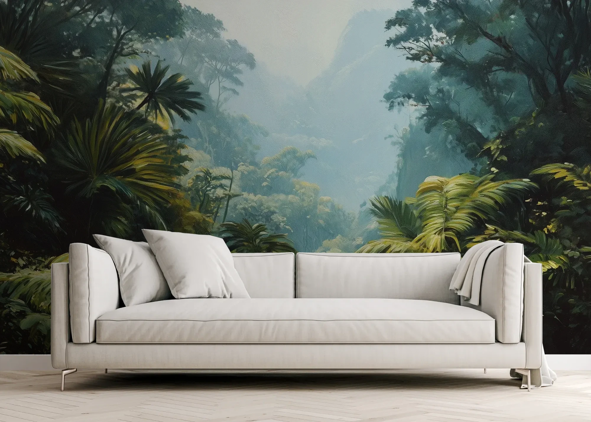 Wzór fototapety EMERALD HAZE - tapeta z tropikalną mglistą dżunglą pokazanej w aranżacji salonu.