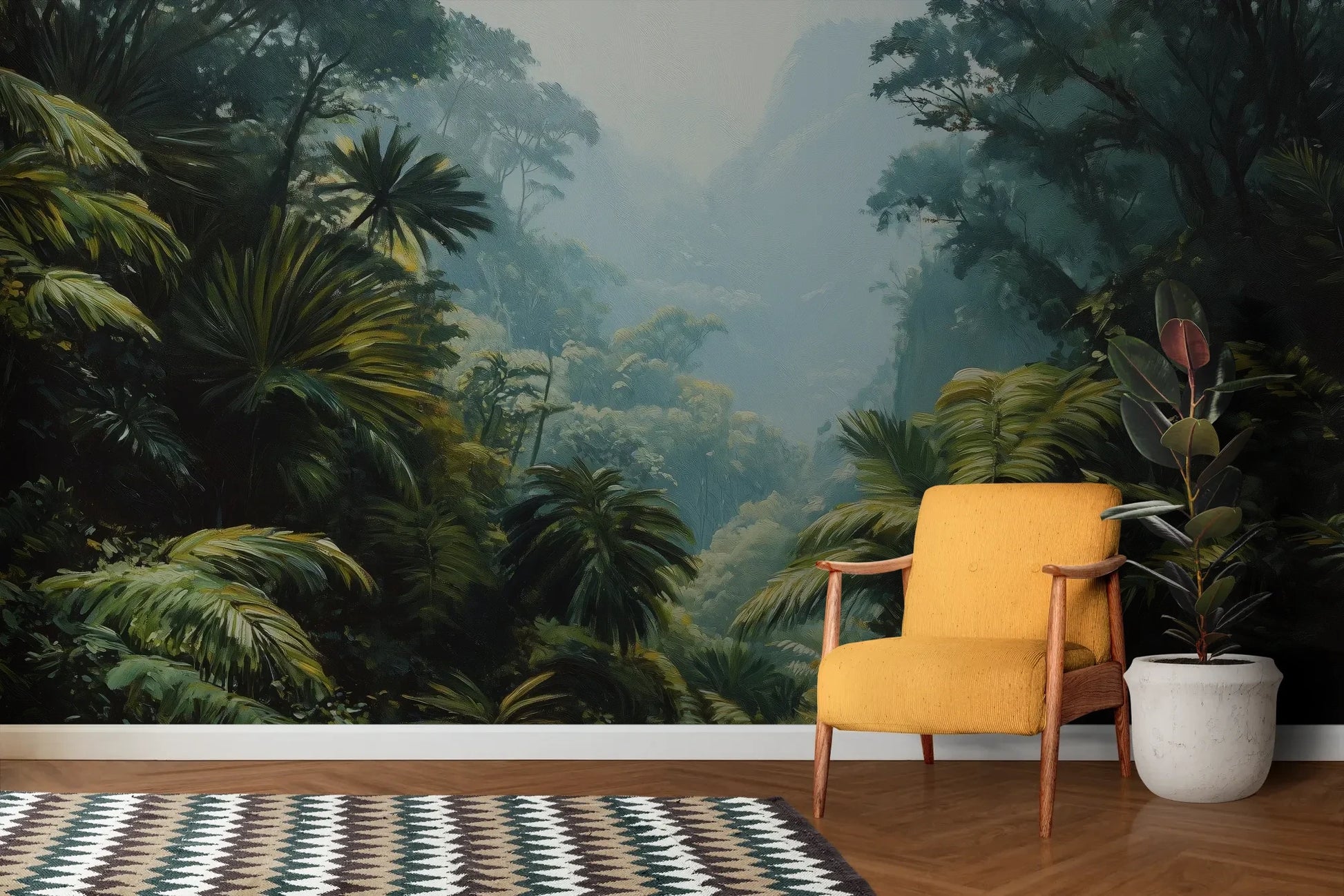 Wzór fototapety EMERALD HAZE - tapeta z tropikalną mglistą dżunglą pokazanej w aranżacji salonu.
