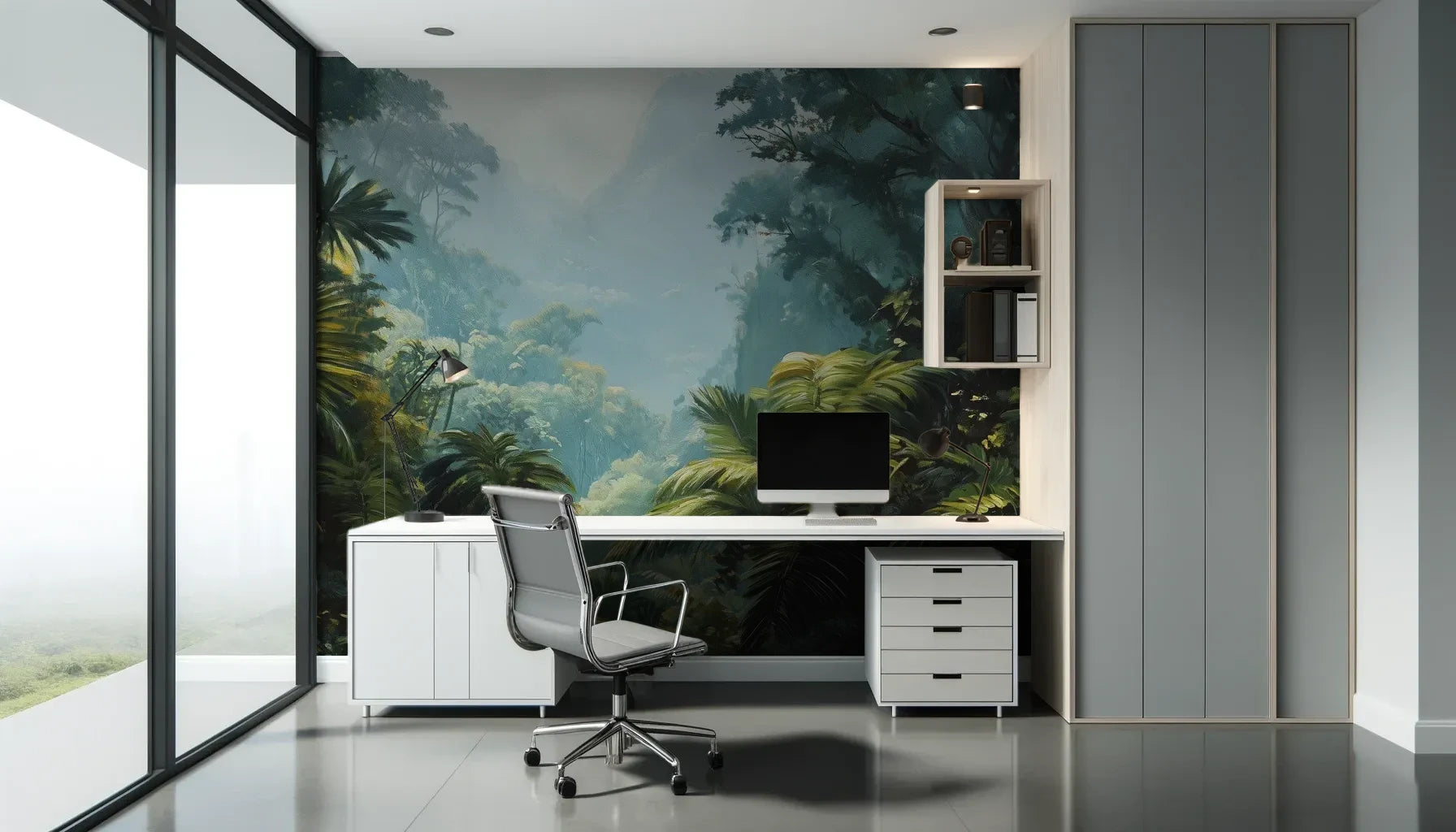 Fototapeta EMERALD HAZE - tapeta z tropikalną mglistą dżunglą pokazana w aranżacji biura.