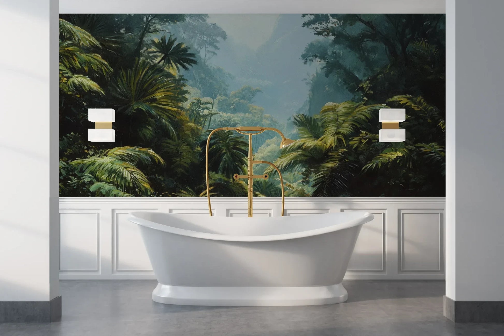 Wzór fototapety EMERALD HAZE - tapeta z tropikalną mglistą dżunglą pokazanej w aranżacji łazienki.