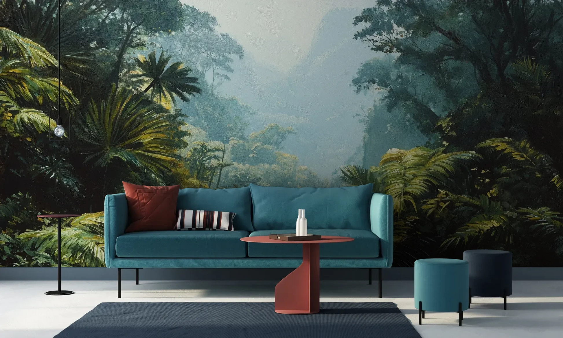 Wzór fototapety EMERALD HAZE - tapeta z tropikalną mglistą dżunglą pokazanej w aranżacji salonu.