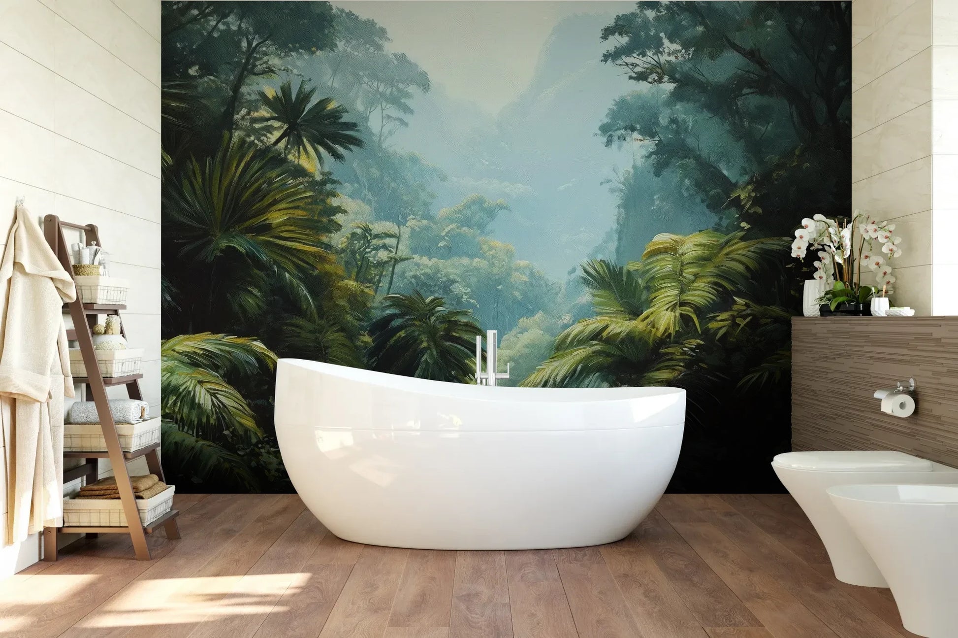Wzór fototapety EMERALD HAZE - tapeta z tropikalną mglistą dżunglą pokazanej w aranżacji łazienki.