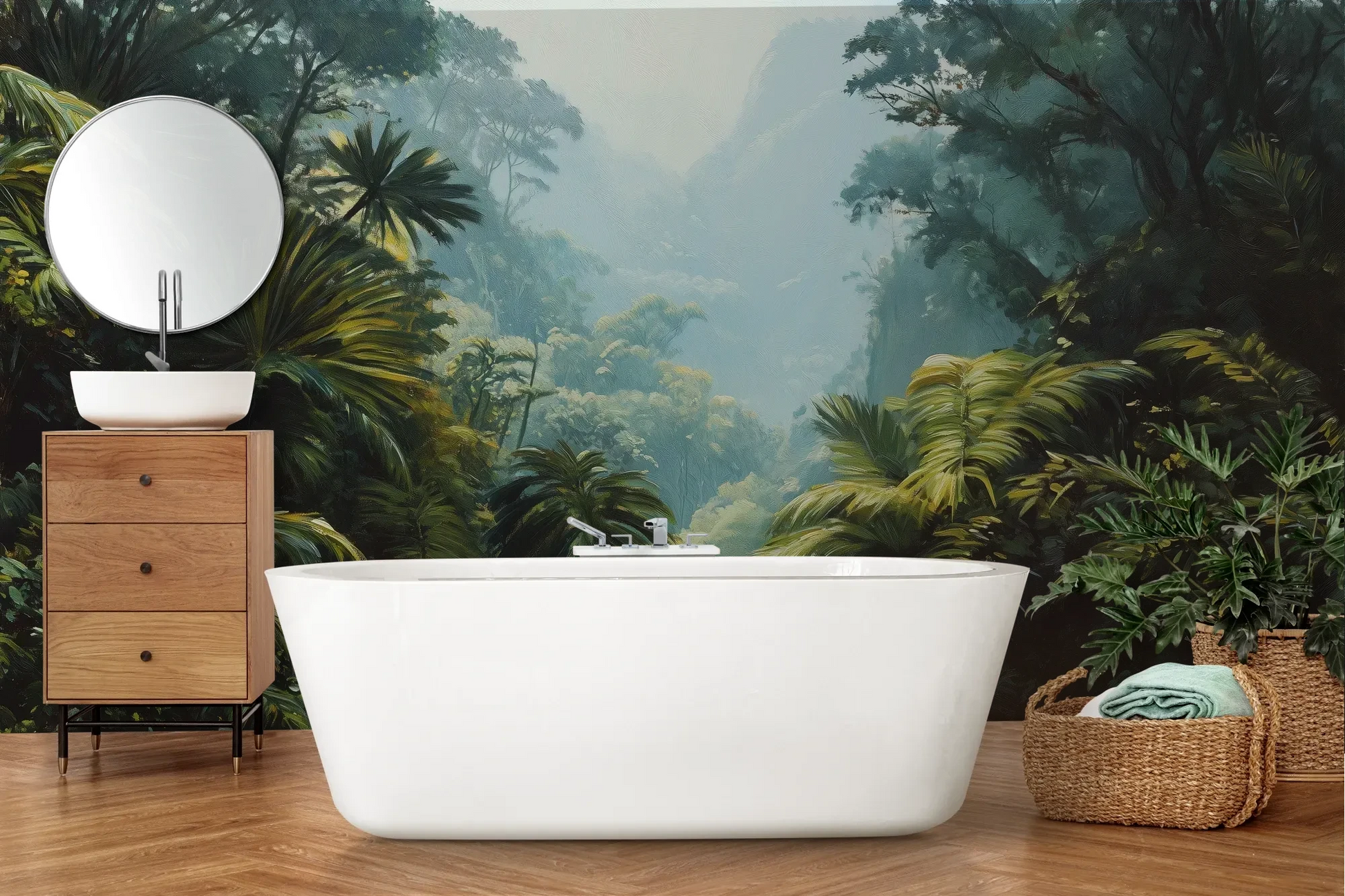 Wzór fototapety EMERALD HAZE - tapeta z tropikalną mglistą dżunglą pokazanej w aranżacji łazienki.