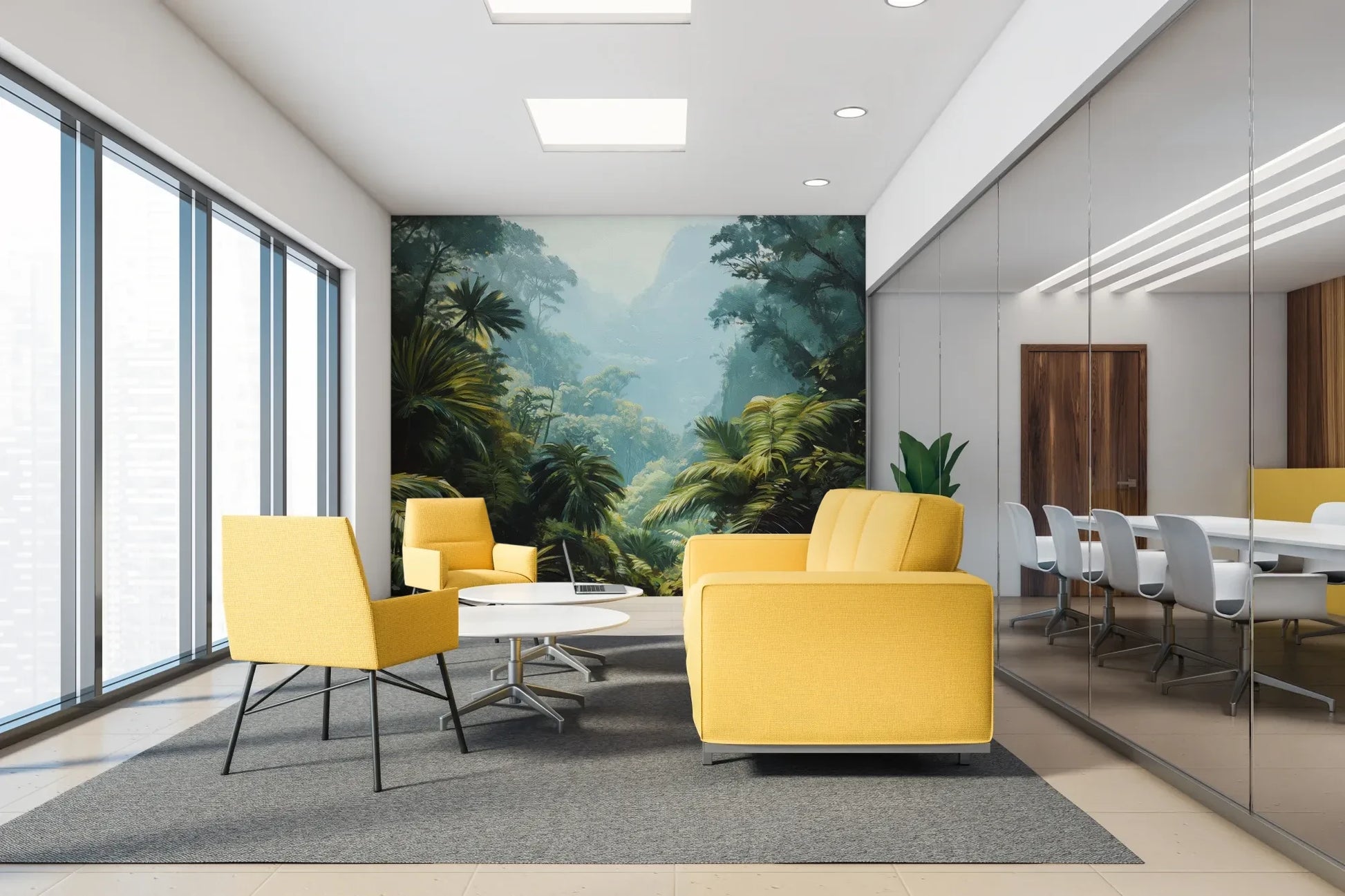 Fototapeta EMERALD HAZE - tapeta z tropikalną mglistą dżunglą w aranżacji wnętrza.