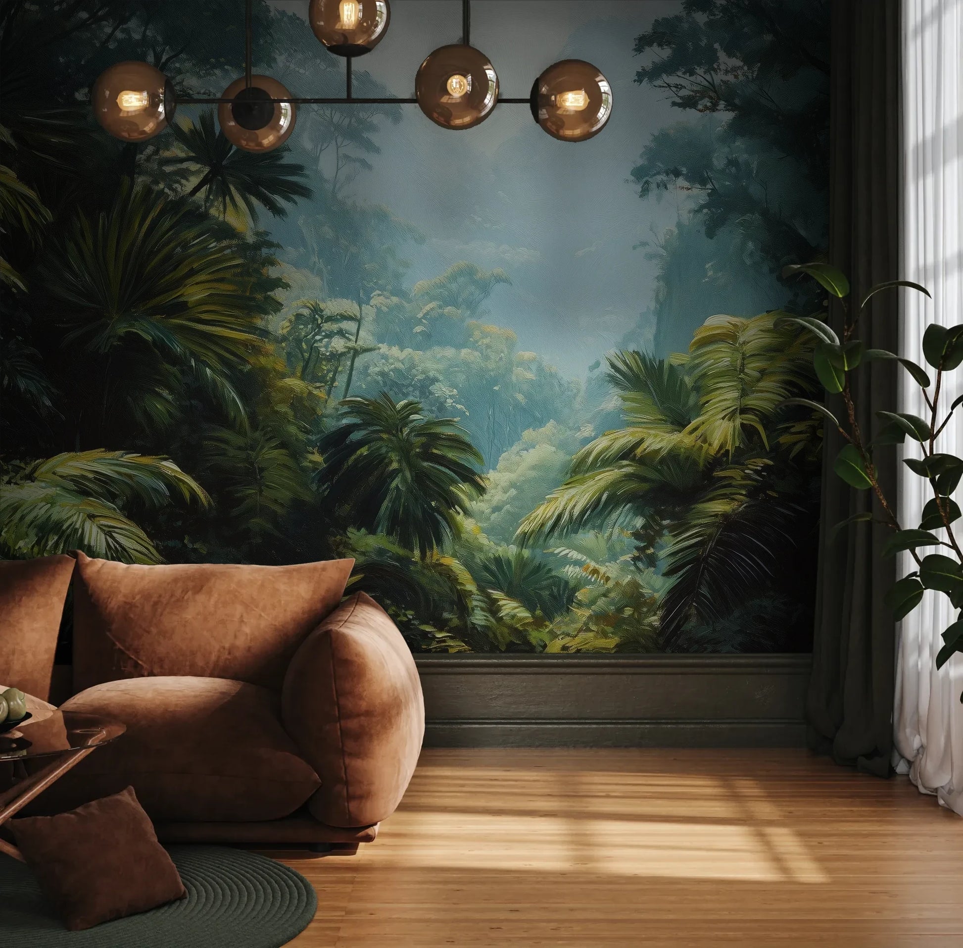 Fototapeta EMERALD HAZE - tapeta z tropikalną mglistą dżunglą pokazana w aranżacji wnętrza z akcentem na ścianie.