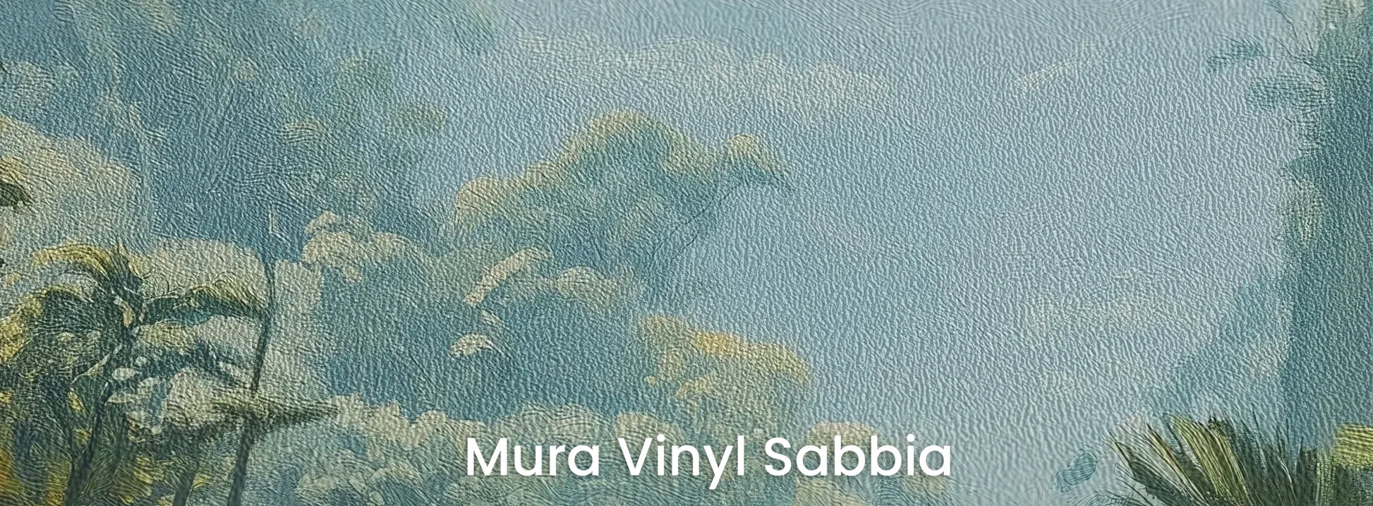 Zbliżenie na fototapetę EMERALD HAZE - tapeta z tropikalną mglistą dżunglą na podłożu o strukturze ziarna piasku.