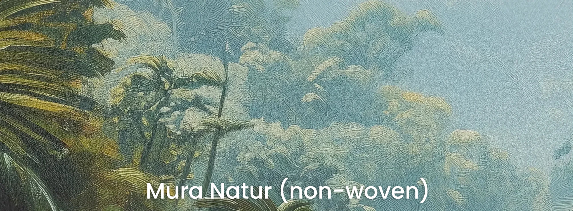 Zbliżenie na fototapetę EMERALD HAZE - tapeta z tropikalną mglistą dżunglą na naturalnym podłożu ekologicznym.