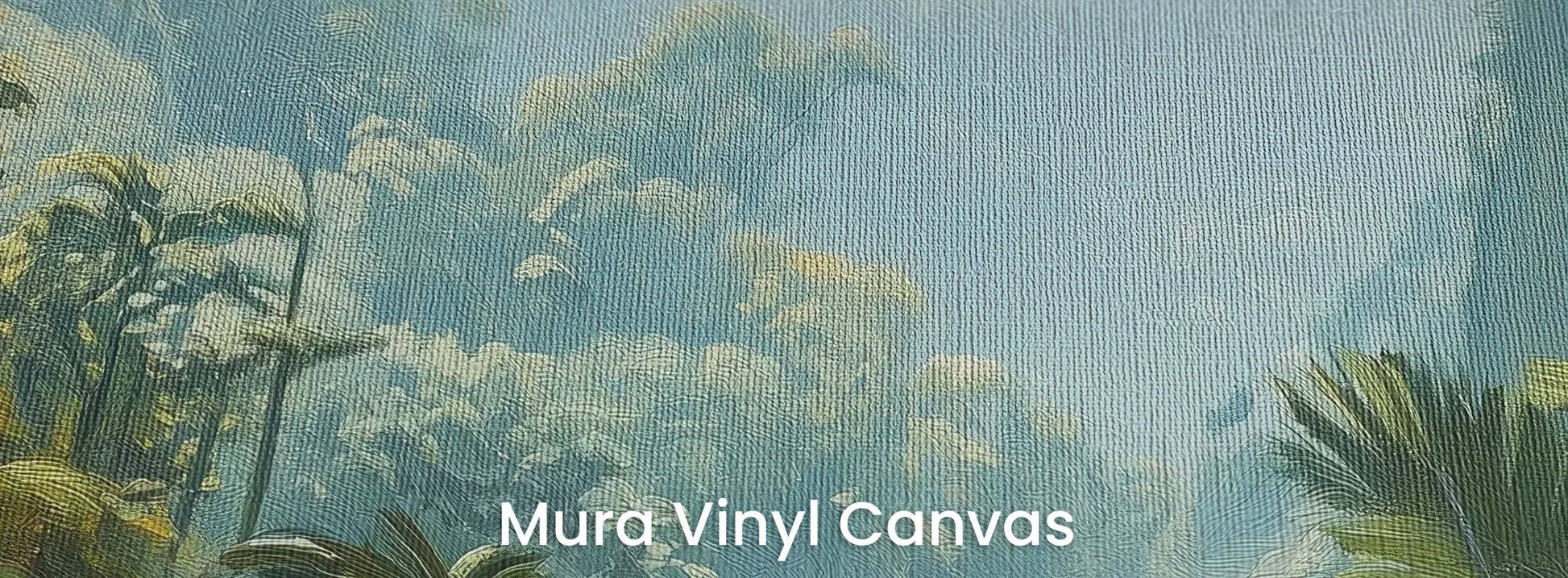 Zbliżenie na fototapetę EMERALD HAZE - tapeta z tropikalną mglistą dżunglą na podłożu o fakturze płótna.