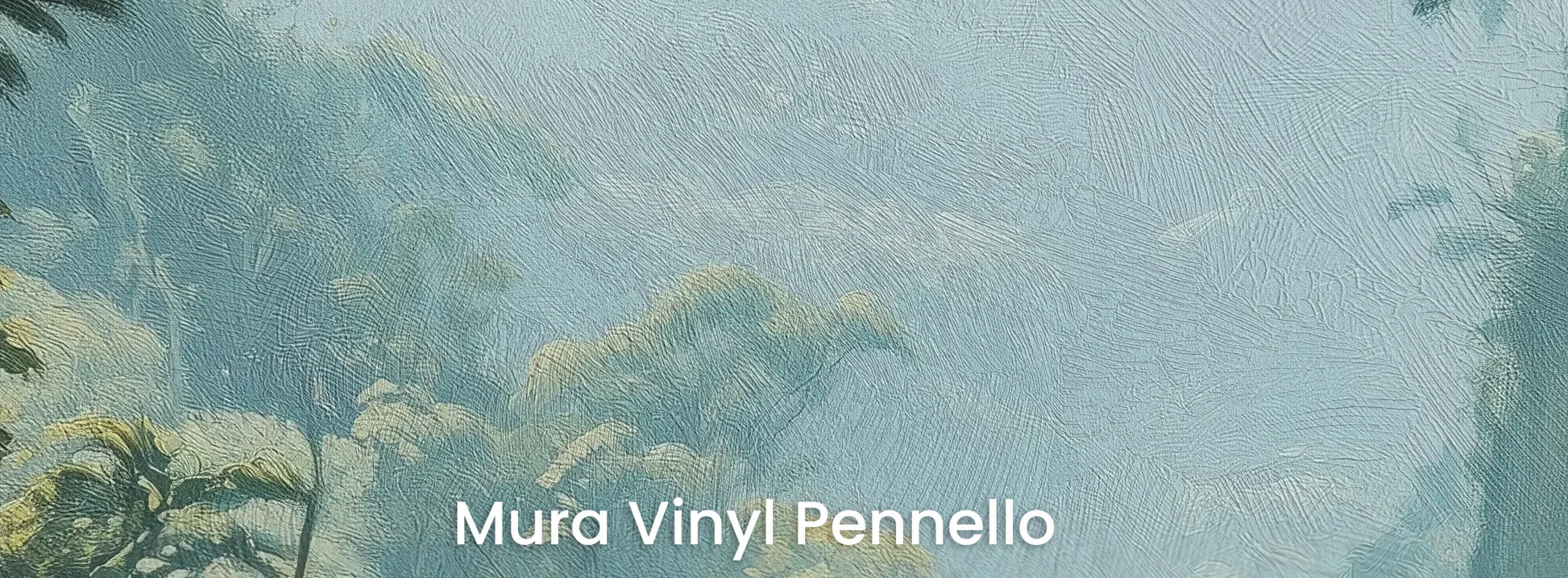 Zbliżenie na fototapetę EMERALD HAZE - tapeta z tropikalną mglistą dżunglą na podłożu o fakturze pociągnięć pędzla.