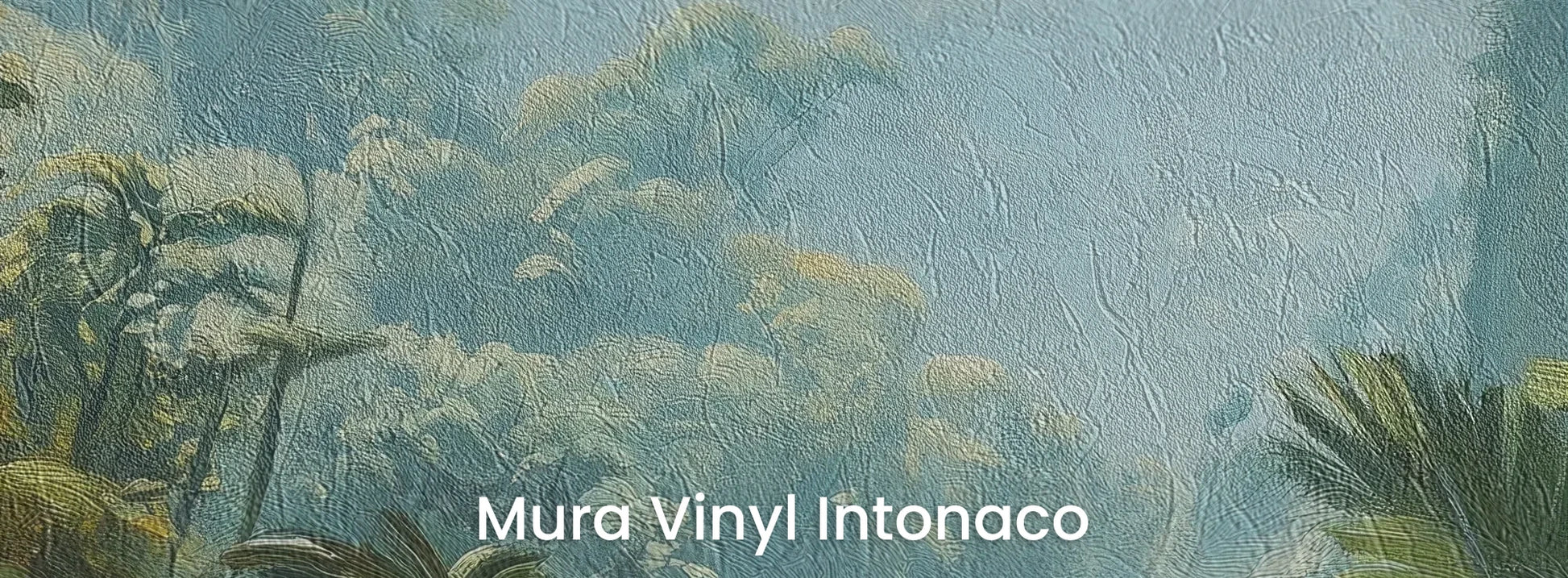 Zbliżenie na fototapetę EMERALD HAZE - tapeta z tropikalną mglistą dżunglą na podłożu o strukturze tartego tynku.