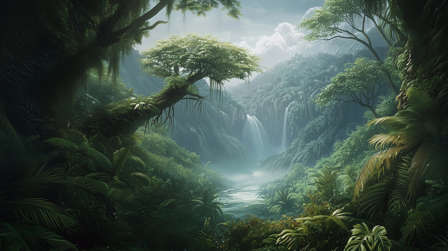 Prezentacja całego wzoru fototapety o nazwie CRYSTAL FALLS - tapeta z mistycznym wodospadem w tropikalnej dżungli