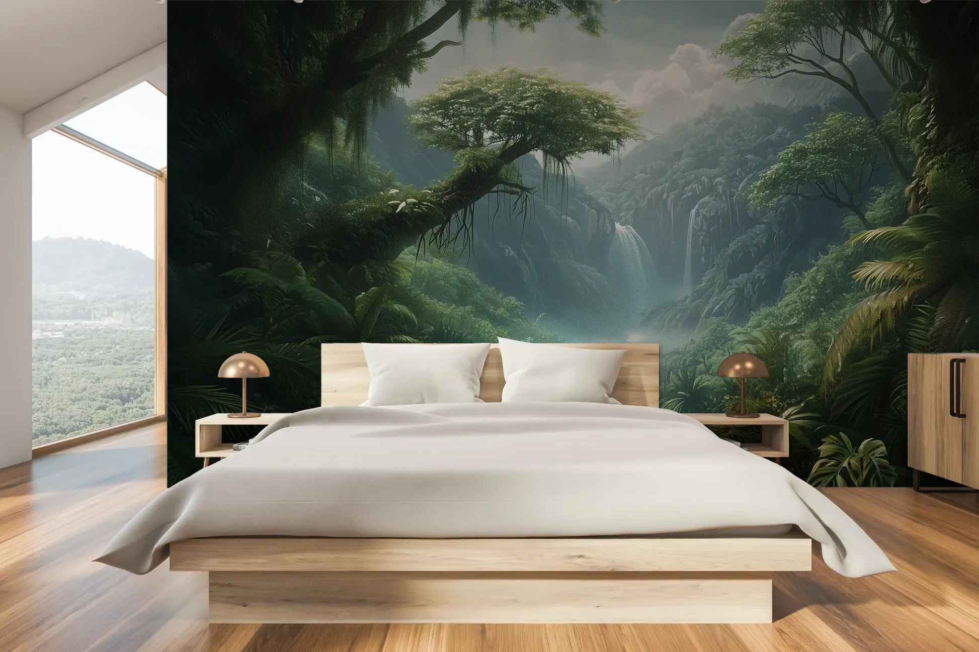 Wzór fototapety CRYSTAL FALLS - tapeta z mistycznym wodospadem w tropikalnej dżungli pokazanej w aranżacji sypialni.