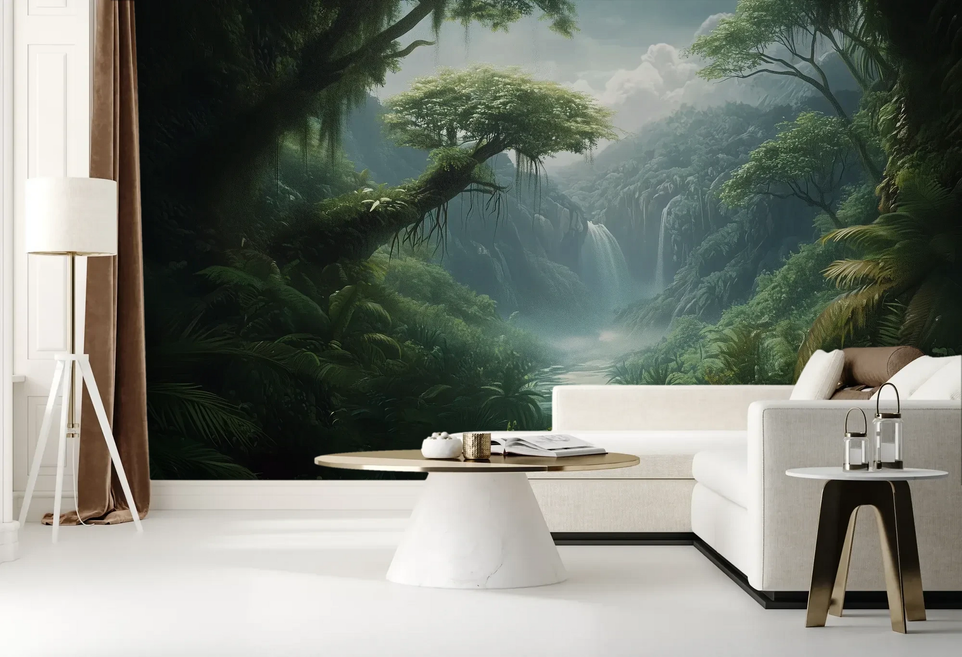 Wzór fototapety CRYSTAL FALLS - tapeta z mistycznym wodospadem w tropikalnej dżungli pokazanej w aranżacji salonu.