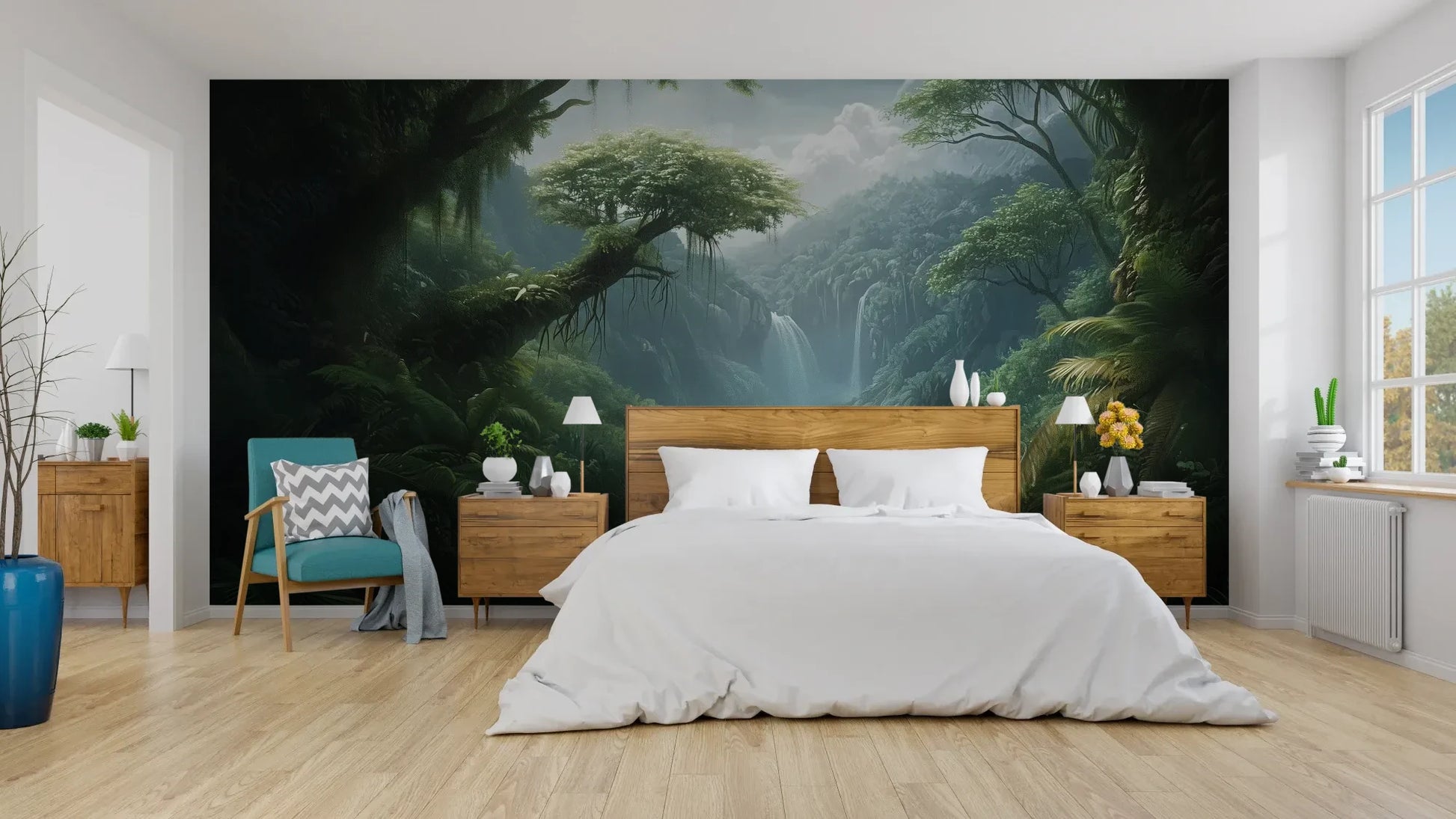 Wzór fototapety CRYSTAL FALLS - tapeta z mistycznym wodospadem w tropikalnej dżungli pokazanej w aranżacji sypialni.