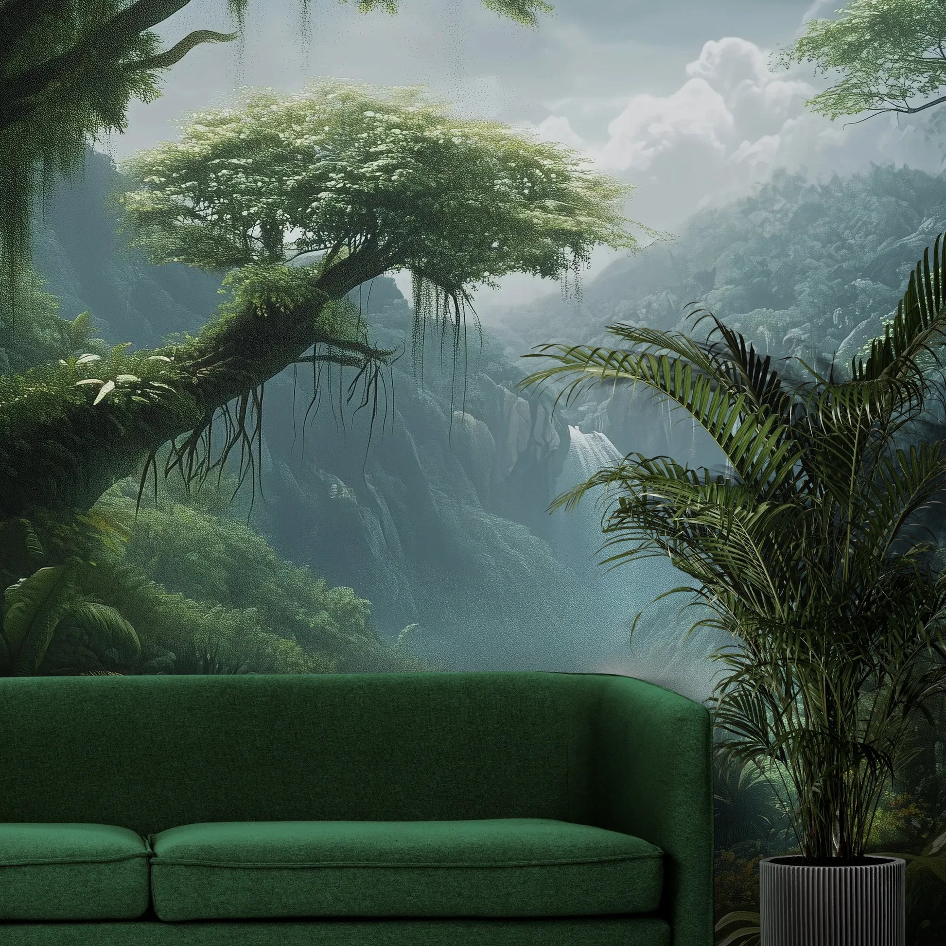 Fototapeta CRYSTAL FALLS - tapeta z mistycznym wodospadem w tropikalnej dżungli pokazana w aranżacji wnętrza z akcentem na ścianie.