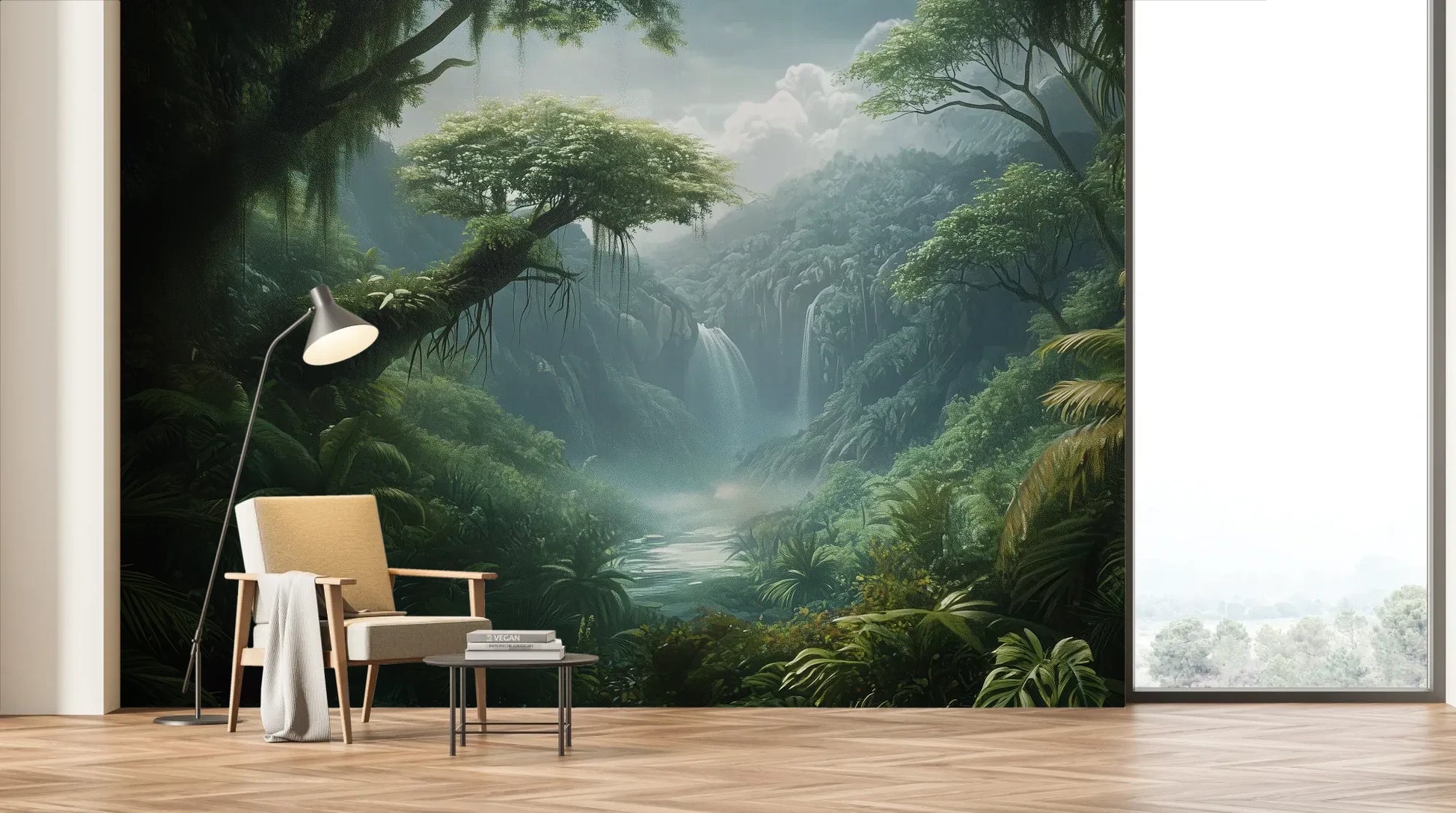 Wzór fototapety CRYSTAL FALLS - tapeta z mistycznym wodospadem w tropikalnej dżungli pokazanej w aranżacji salonu.