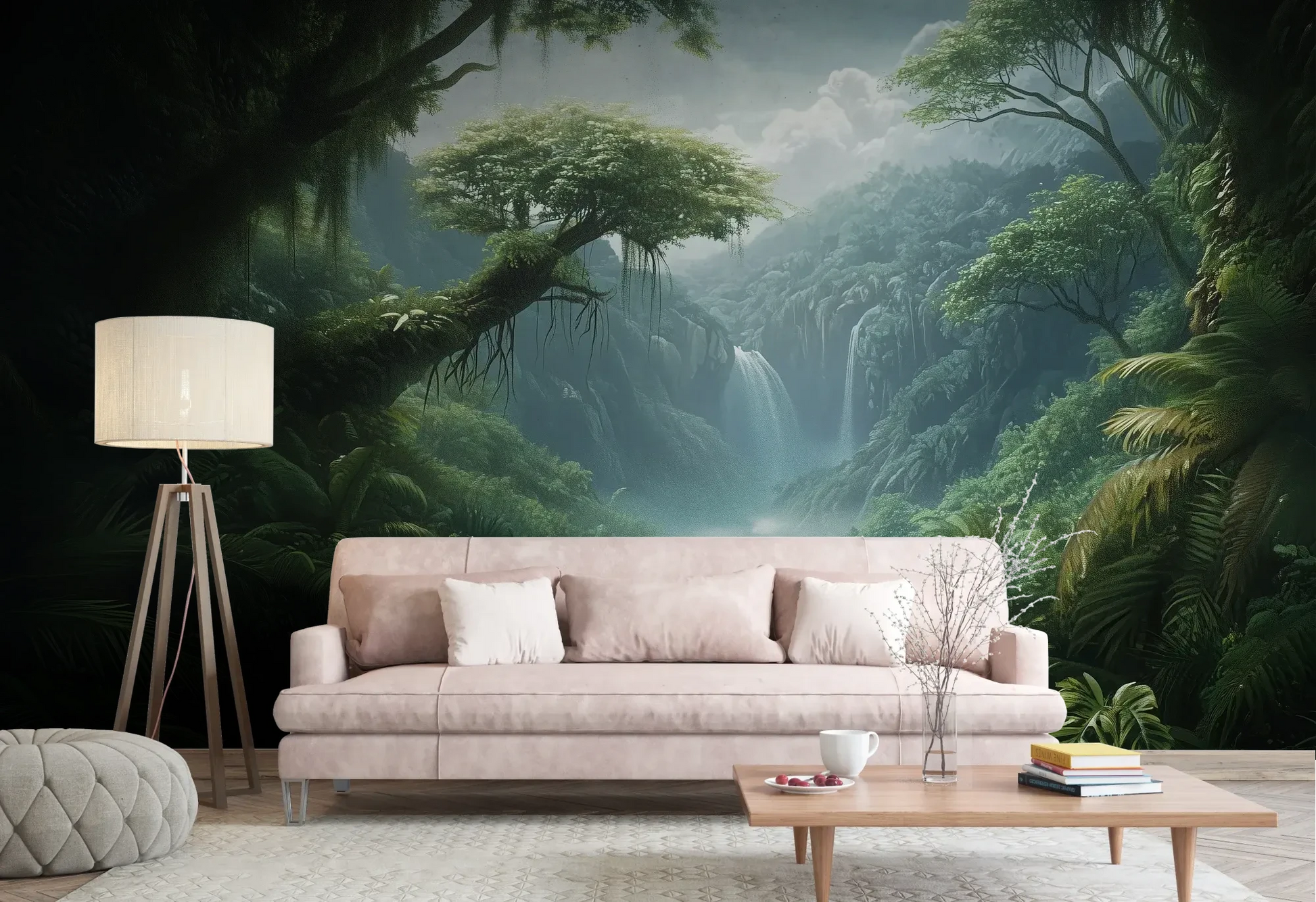 Wzór fototapety CRYSTAL FALLS - tapeta z mistycznym wodospadem w tropikalnej dżungli pokazanej w aranżacji salonu.