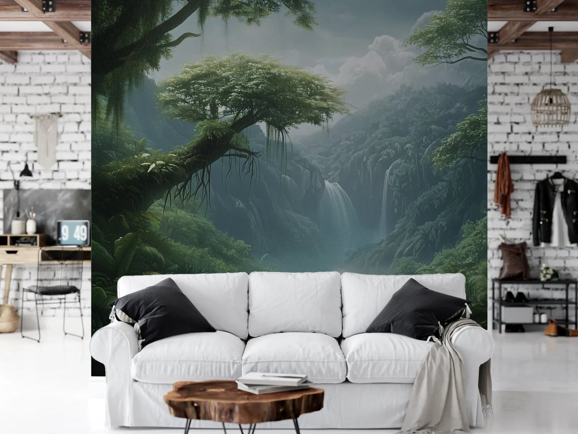 Wzór fototapety CRYSTAL FALLS - tapeta z mistycznym wodospadem w tropikalnej dżungli pokazanej w aranżacji salonu.