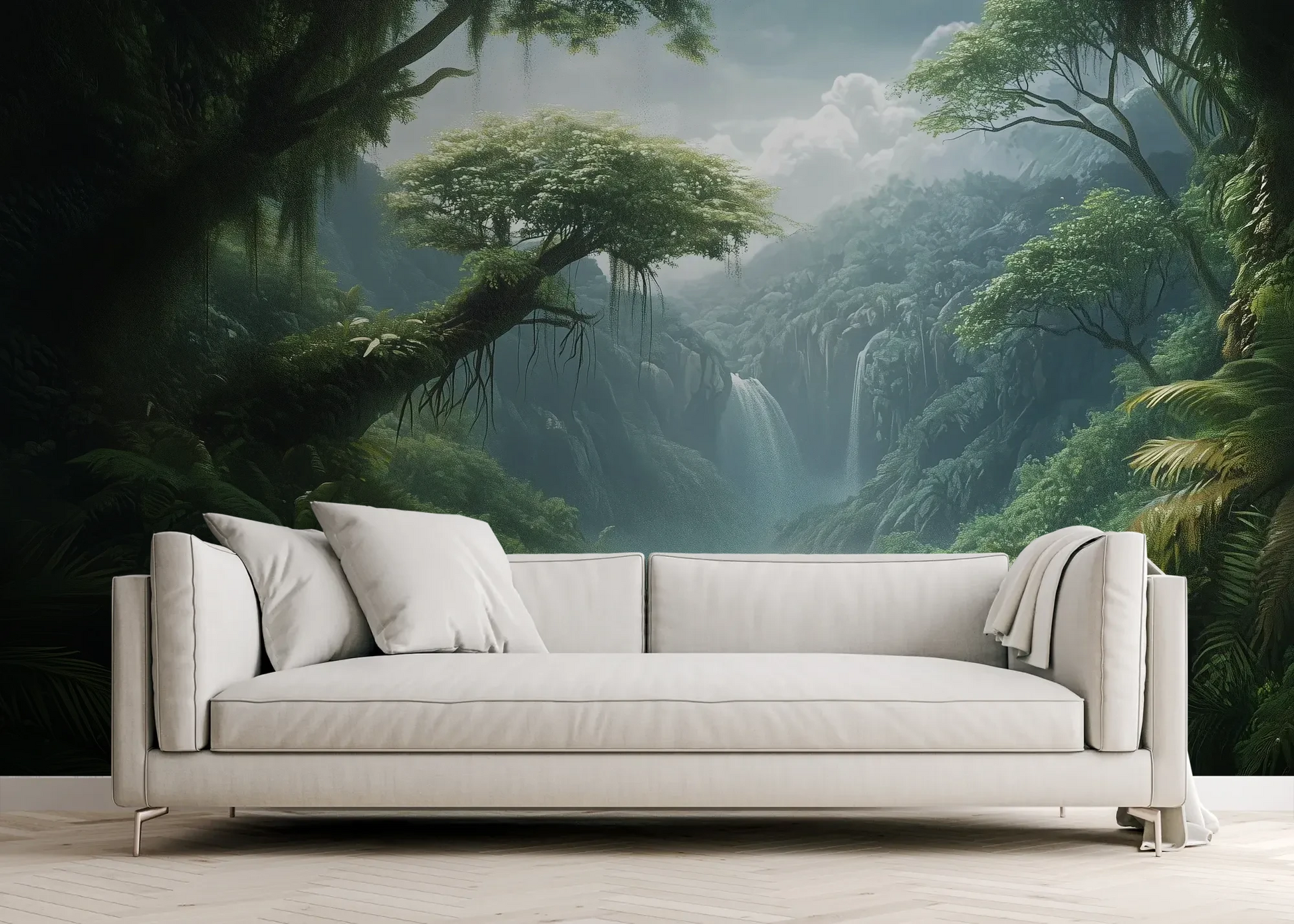 Wzór fototapety CRYSTAL FALLS - tapeta z mistycznym wodospadem w tropikalnej dżungli pokazanej w aranżacji salonu.