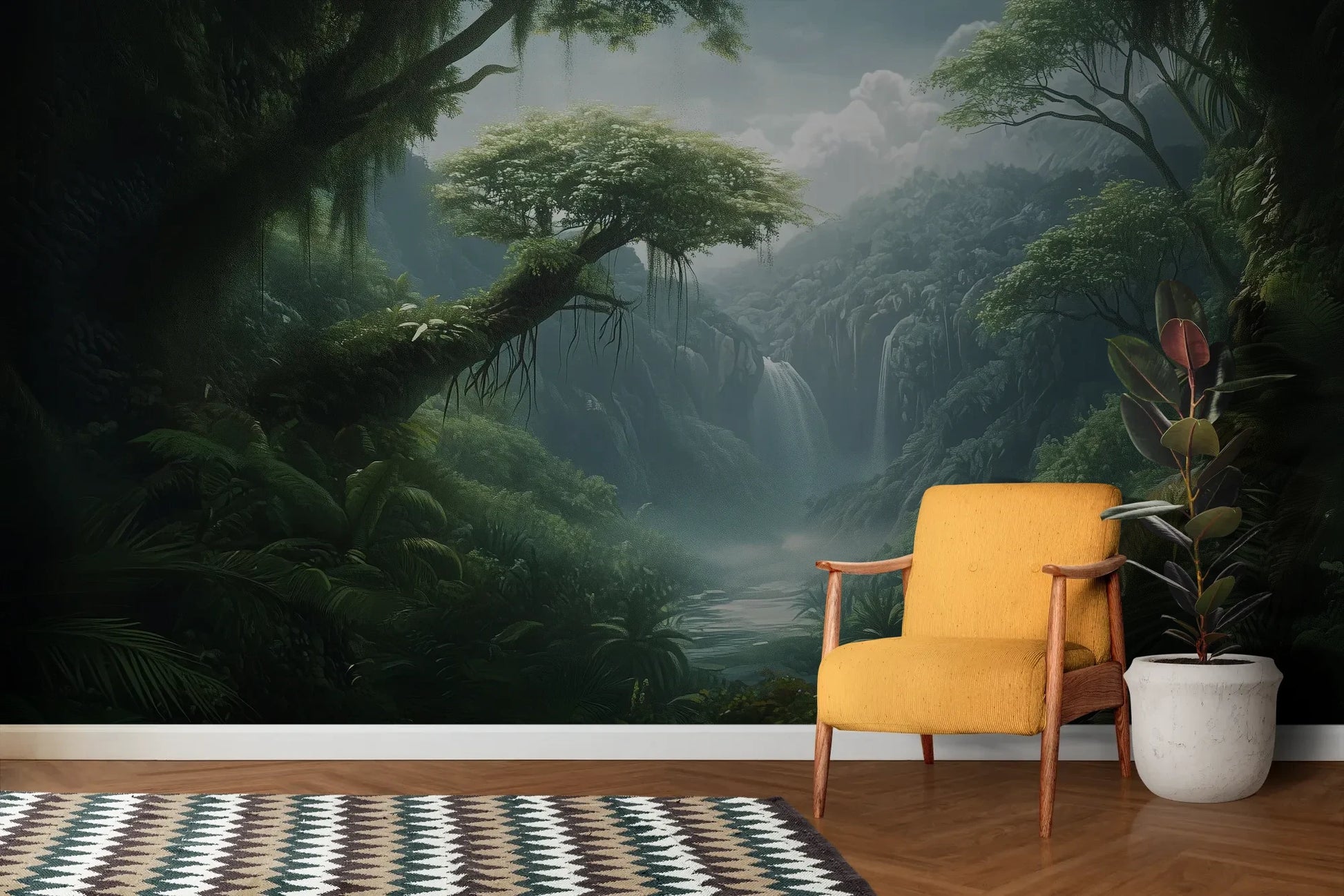 Wzór fototapety CRYSTAL FALLS - tapeta z mistycznym wodospadem w tropikalnej dżungli pokazanej w aranżacji salonu.