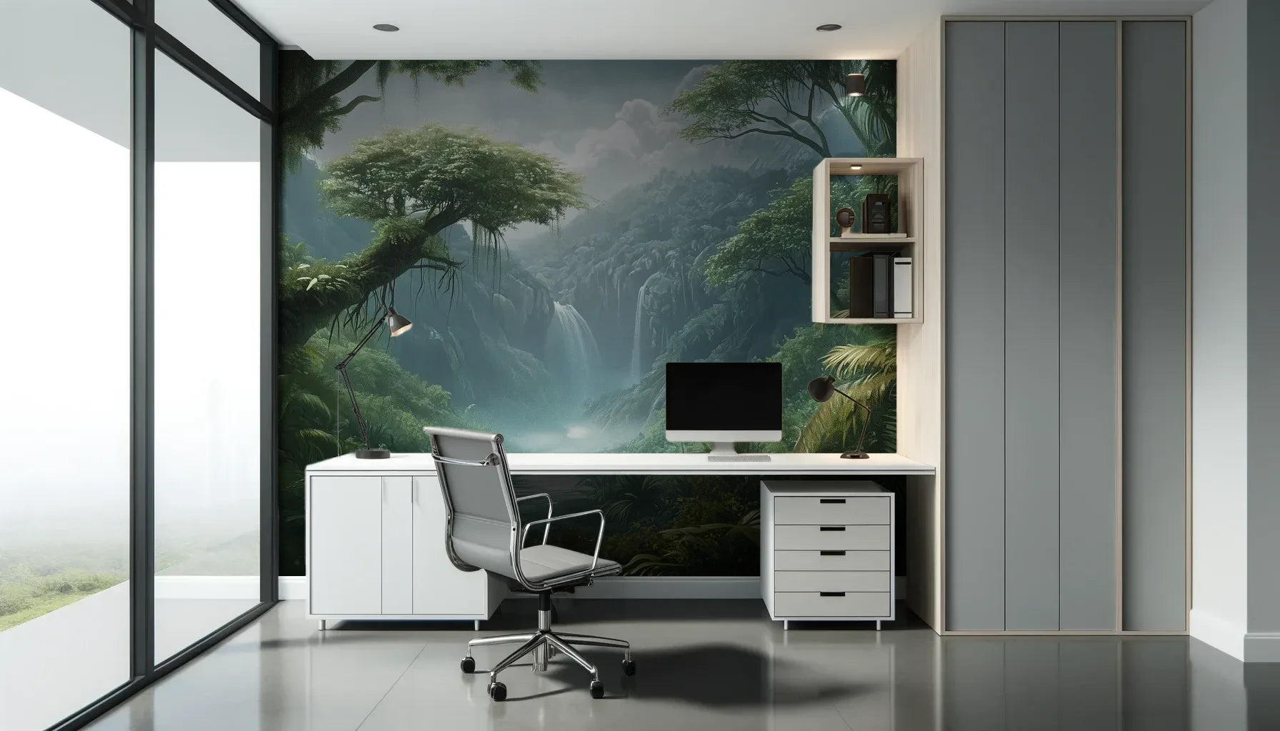 Fototapeta CRYSTAL FALLS - tapeta z mistycznym wodospadem w tropikalnej dżungli pokazana w aranżacji biura.